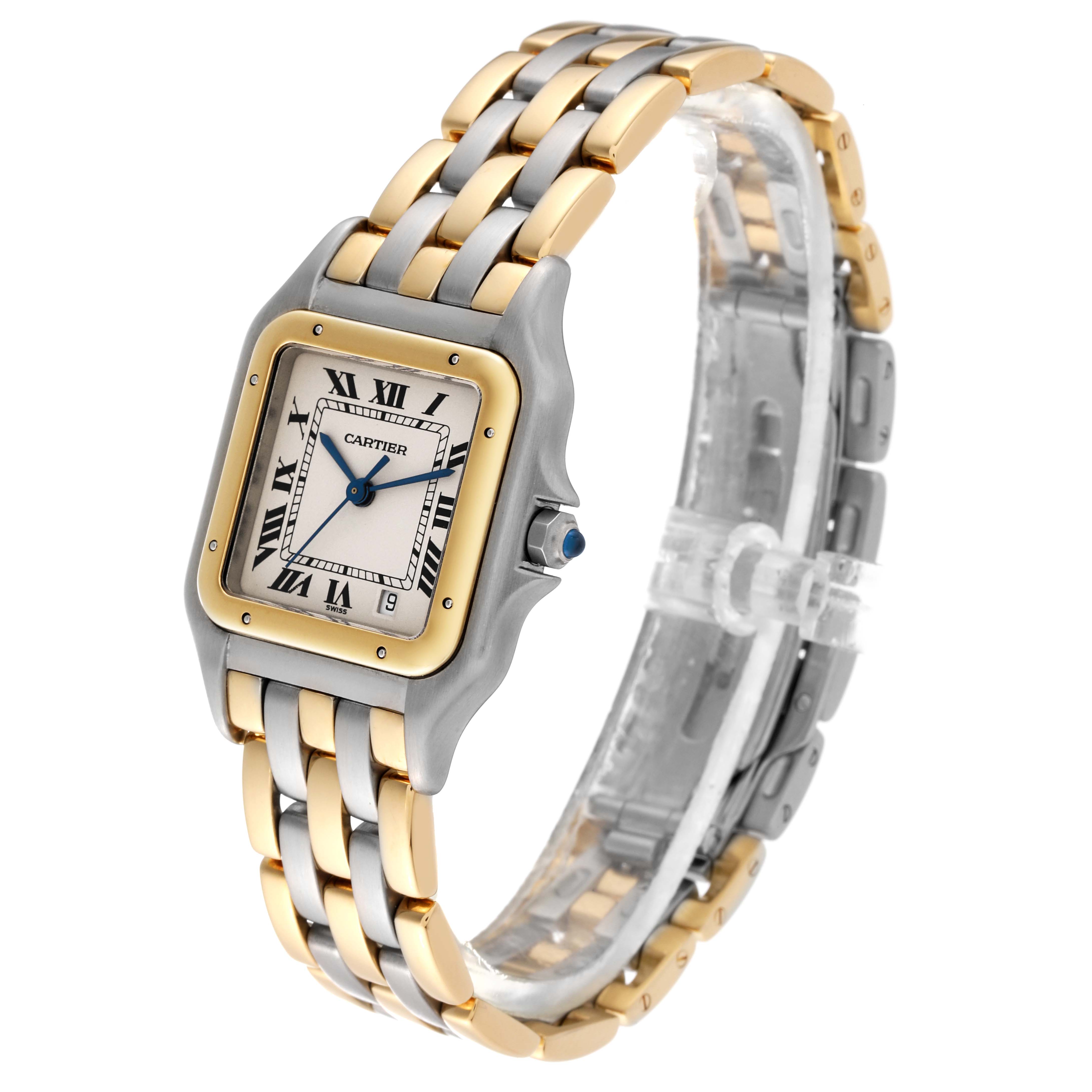 The image shows a Panthere de Cartier watch at a three-quarter angle, highlighting its face, bezel, and bracelet.
