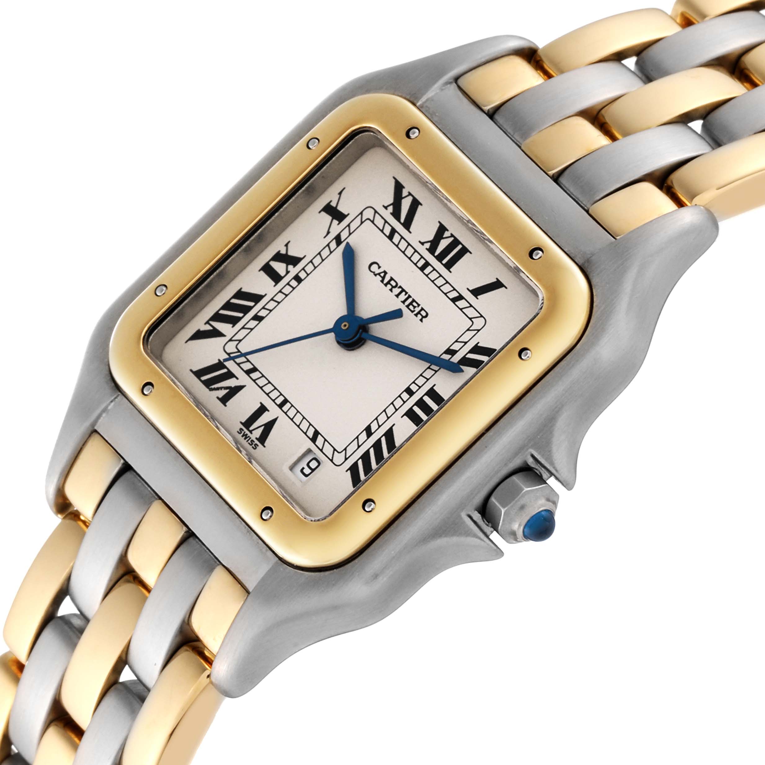 The image shows a close-up of the face, bezel, and part of the bracelet of the Panthere model watch by Cartier.