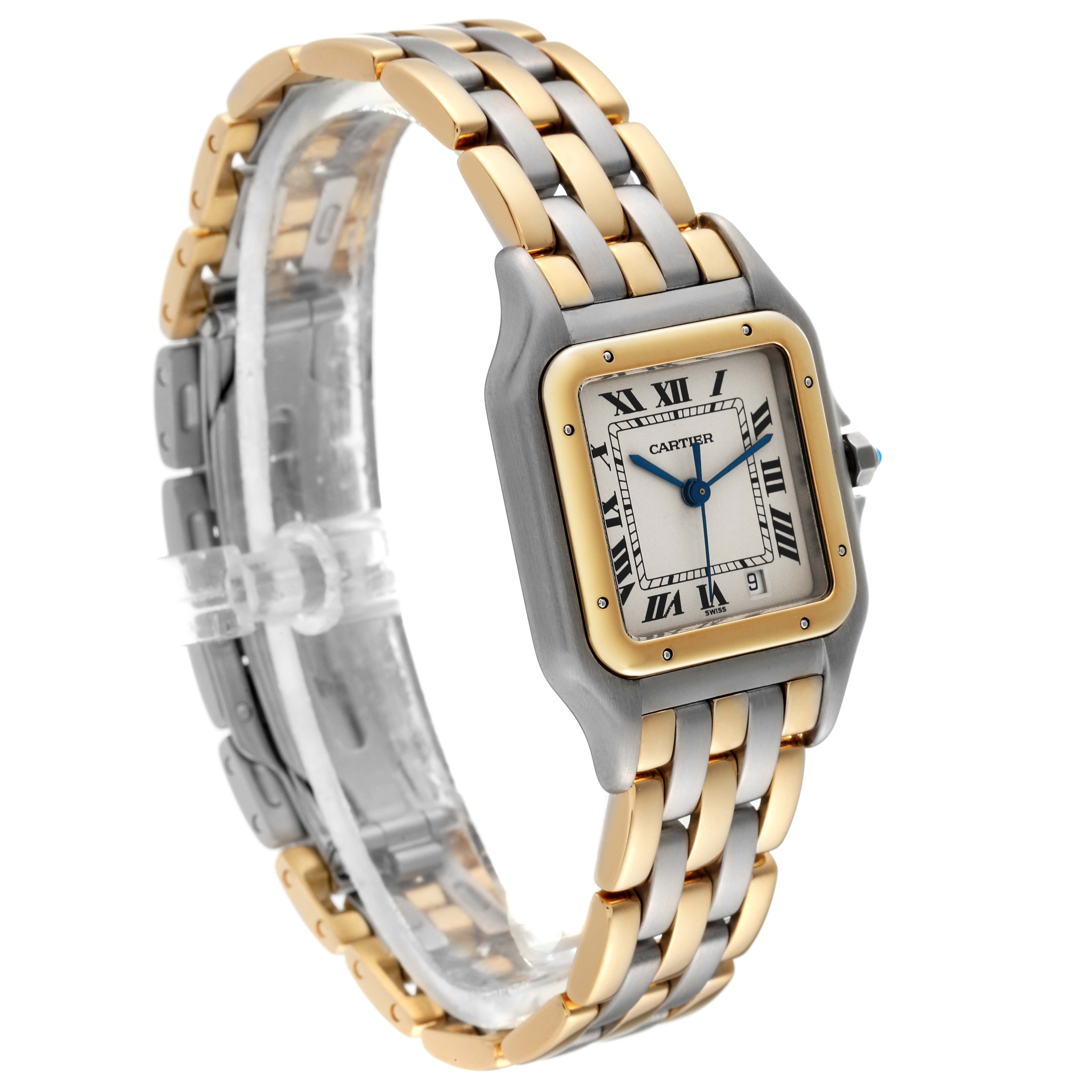 The image shows a Cartier Panthere W25028B8 Women's Steel and Gold (two tone) Silver Dial W25028B8 Women's Steel and Gold (two tone) Silver Dial watch, angled to display its two-tone band, square face, and Roman numeral dial.
