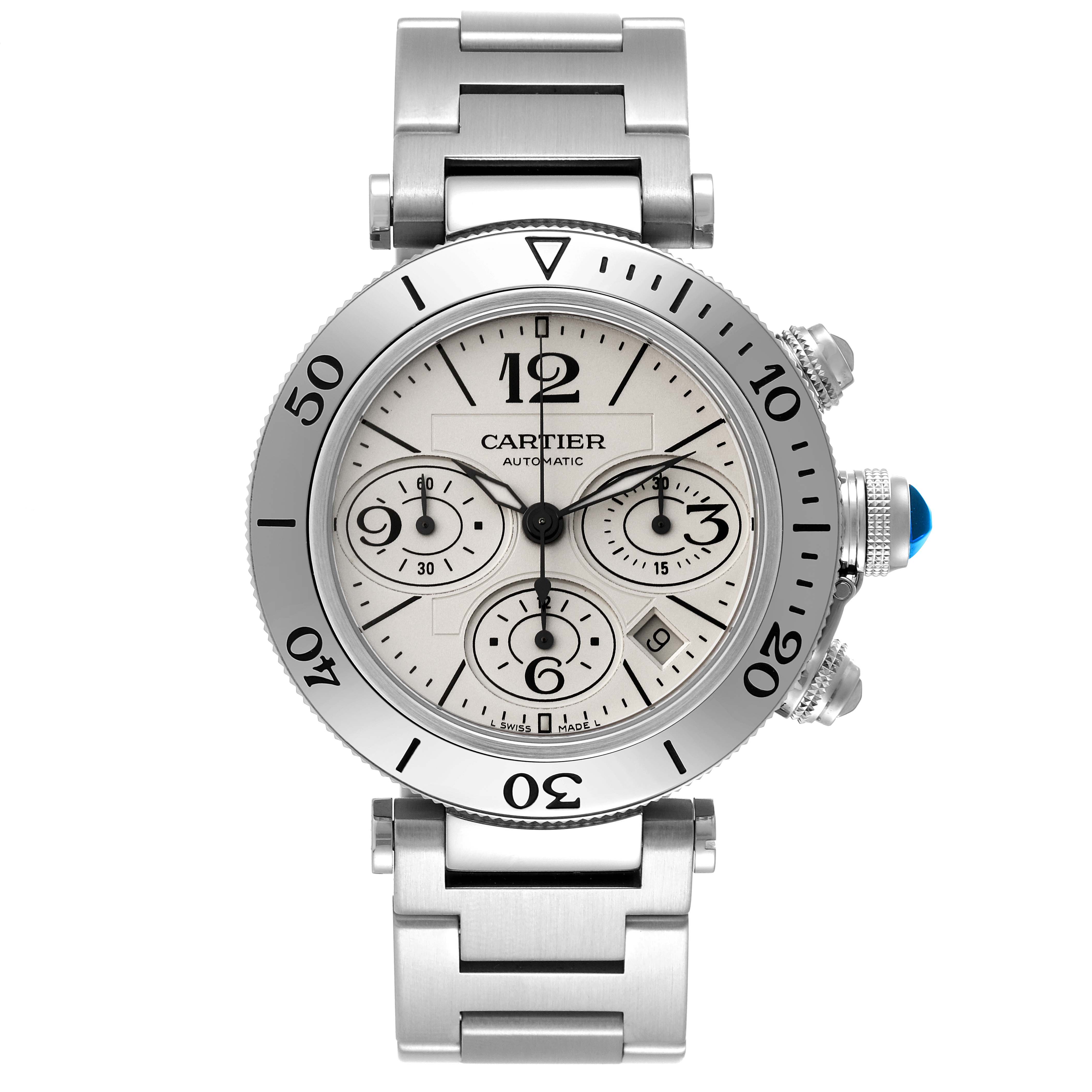 The image shows a front view of the Cartier Pasha W31089M7 Men
s Stainless Steel Silver Dial W31089M7 Men
s Stainless Steel Silver Dial watch, displaying the dial, bezel, and part of the metal bracelet.