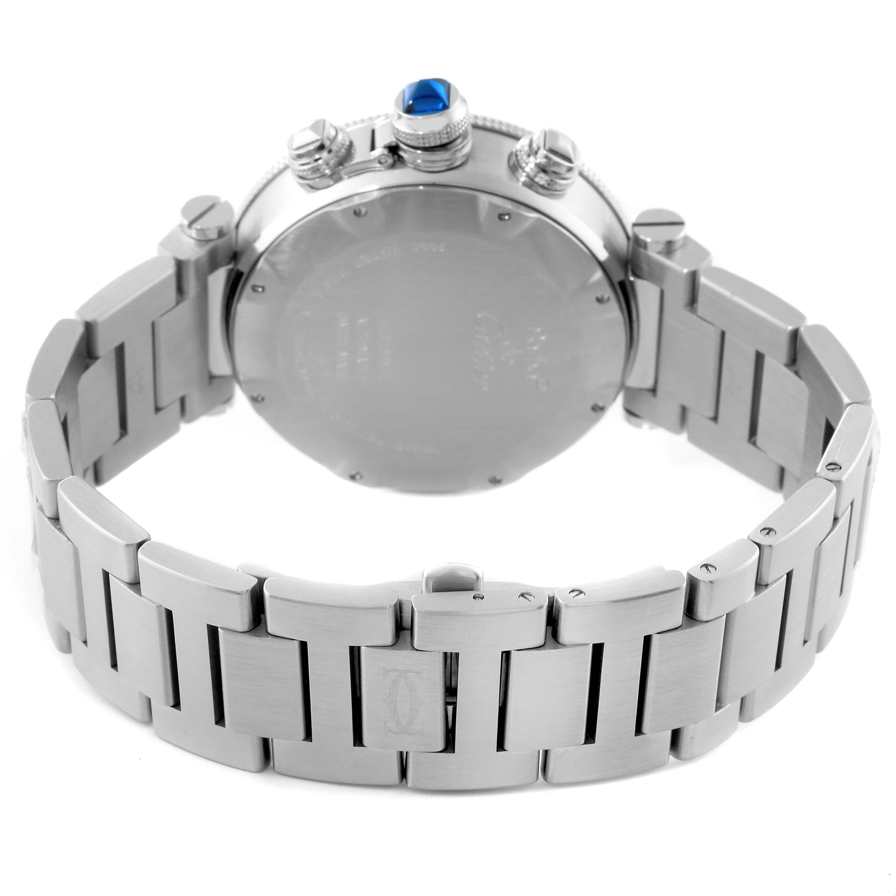 The image shows the back view of the Cartier Pasha W31089M7 Men
s Stainless Steel Silver Dial W31089M7 Men
s Stainless Steel Silver Dial watch, highlighting its metal bracelet and case with a blue cabochon crown.