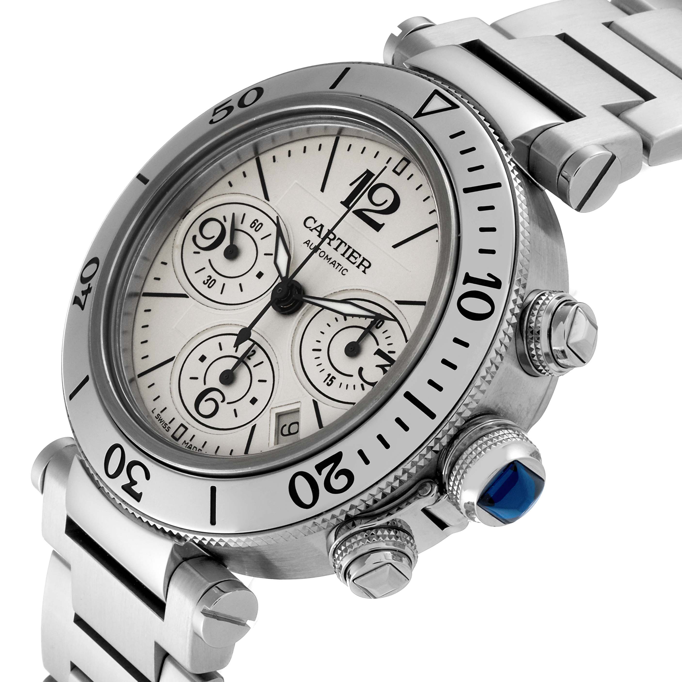 This image shows a close-up angled view of a Cartier Pasha W31089M7 Men
s Stainless Steel Silver Dial W31089M7 Men
s Stainless Steel Silver Dial model watch, displaying its face, bezel, crown, and part of the bracelet.