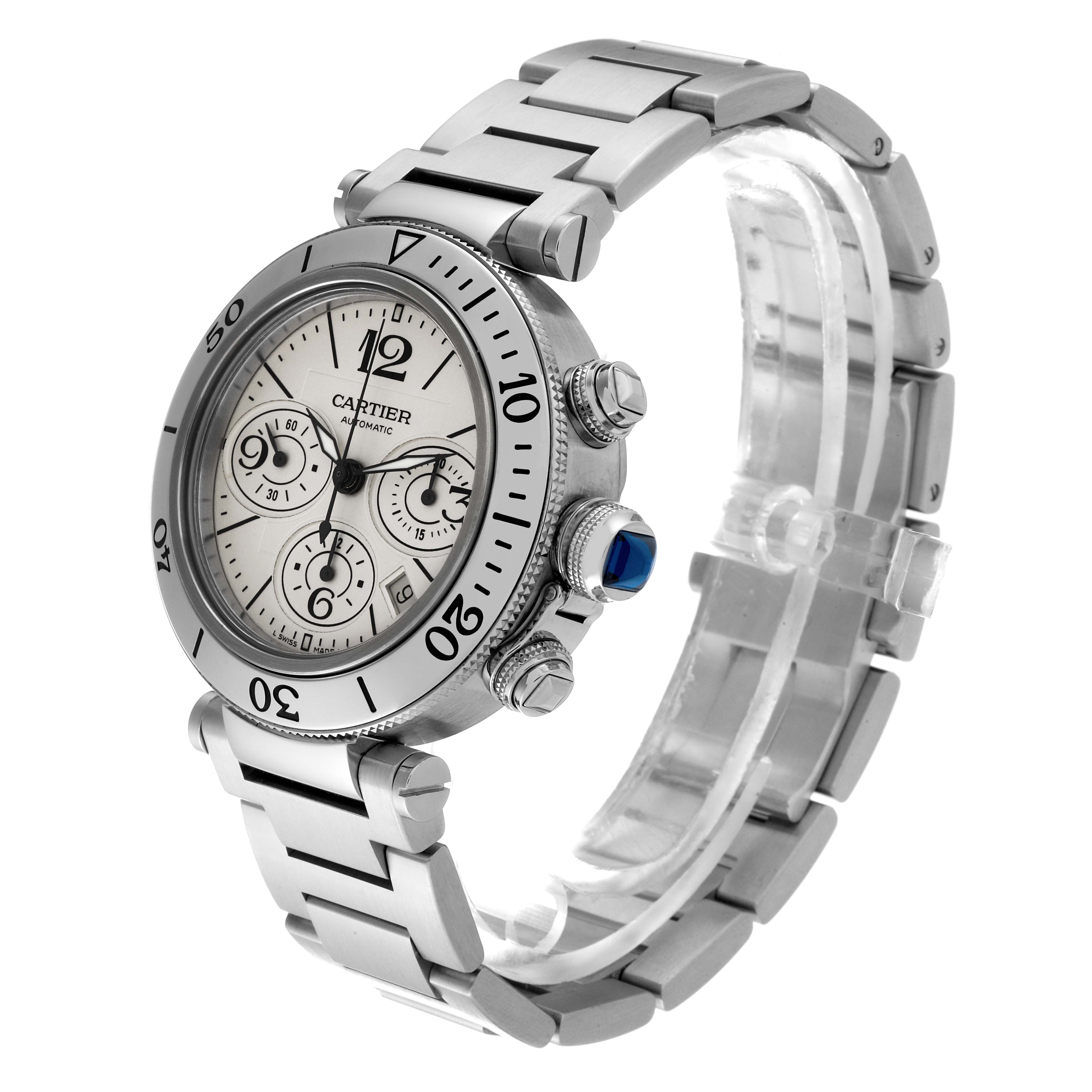 The Cartier Pasha W31089M7 Men
s Stainless Steel Silver Dial W31089M7 Men
s Stainless Steel Silver Dial watch is shown from a front-right angle, highlighting its bezel, dial, crown, and bracelet.