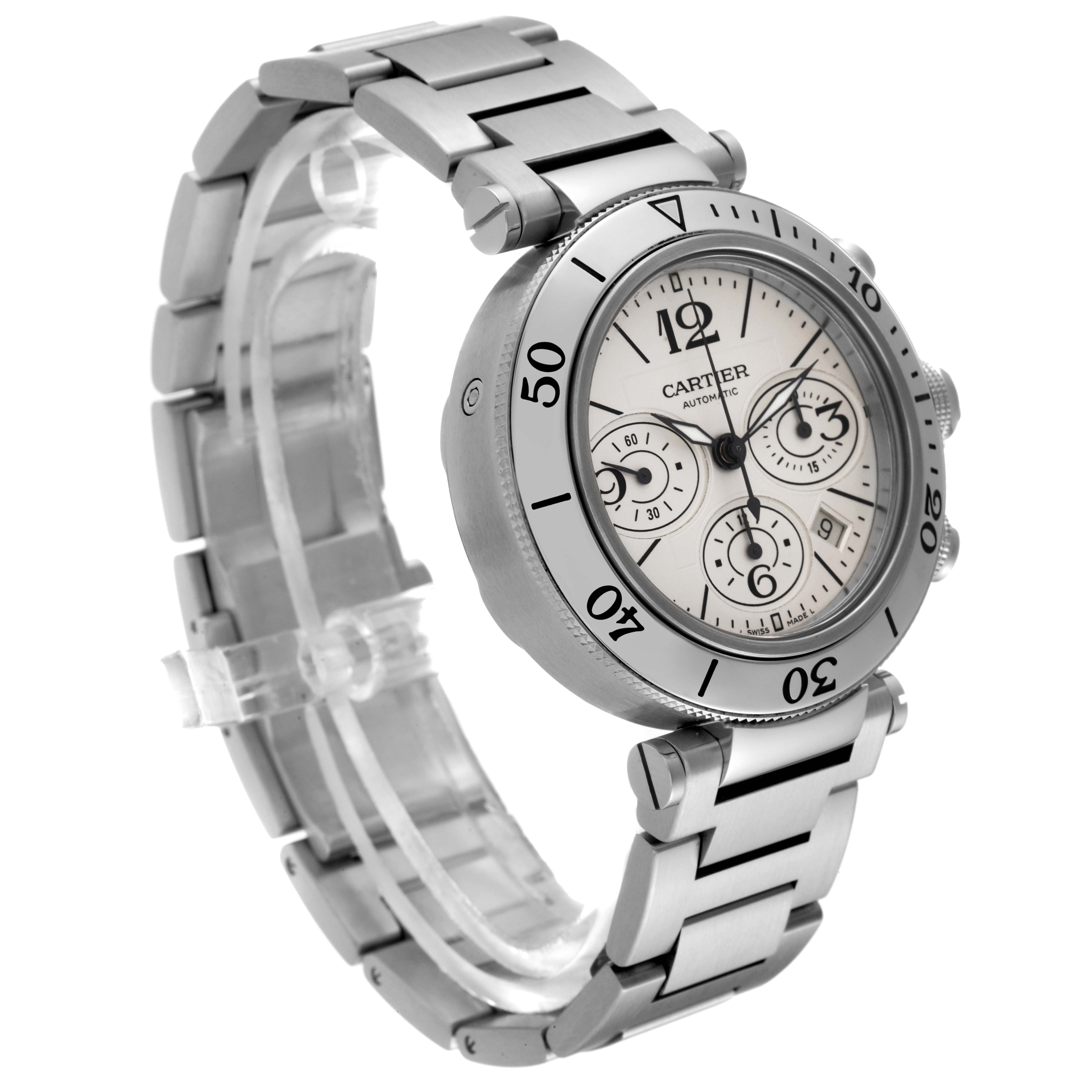 The Cartier Pasha W31089M7 Men
s Stainless Steel Silver Dial W31089M7 Men
s Stainless Steel Silver Dial watch is shown at a slightly angled side view, highlighting the silver metal bracelet, bezel, and face.