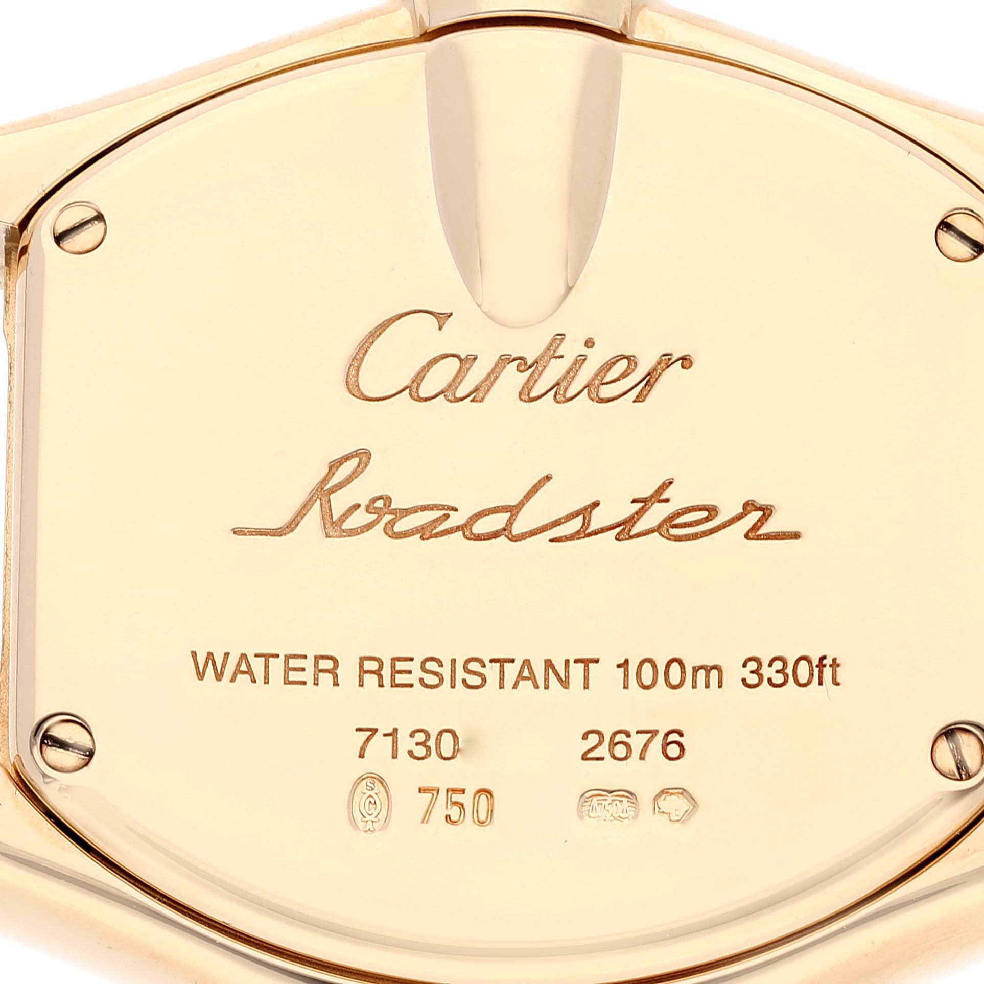 The image shows the back case of a Cartier Roadster WE500160 Women
s Yellow Gold Silver Dial WE500160 Women
s Yellow Gold Silver Dial watch, detailing its water resistance and model information.