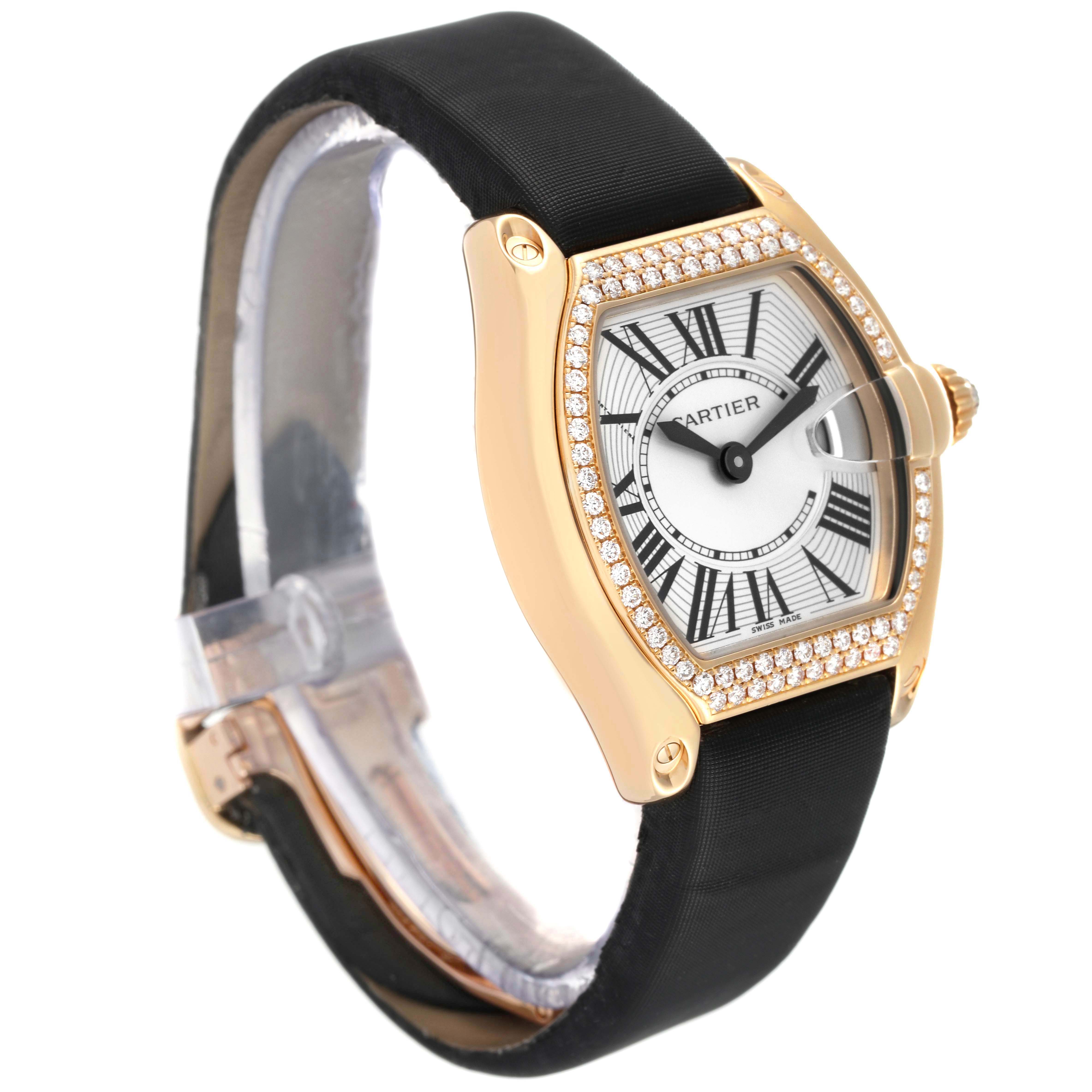 The Cartier Roadster WE500160 Women
s Yellow Gold Silver Dial WE500160 Women
s Yellow Gold Silver Dial watch is shown at a three-quarter angle, highlighting its face, bezel, strap, and crown.