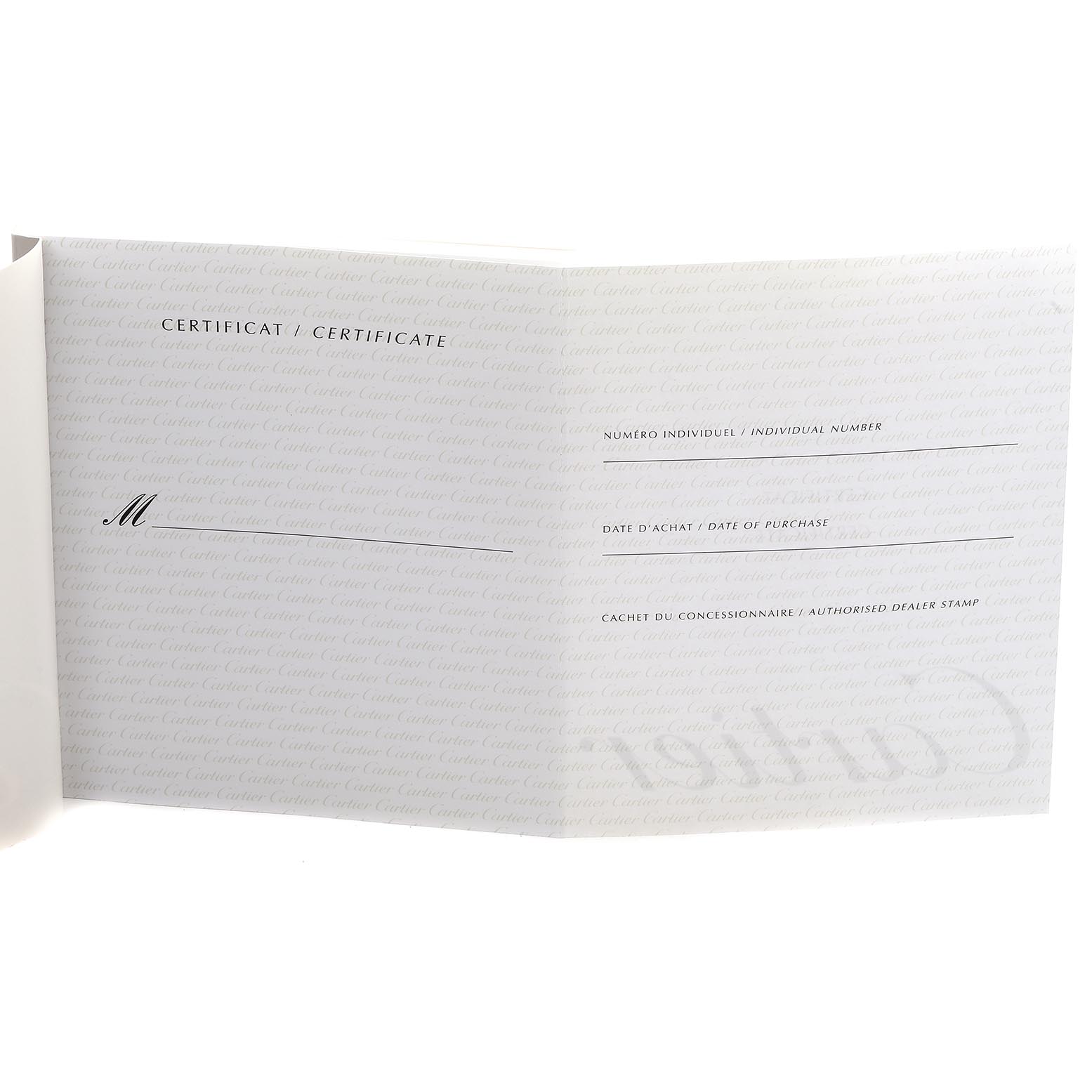 This shows a Cartier Roadster WE500160 Women
s Yellow Gold Silver Dial WE500160 Women
s Yellow Gold Silver Dial model
s warranty certificate opened, detailing purchase information fields.