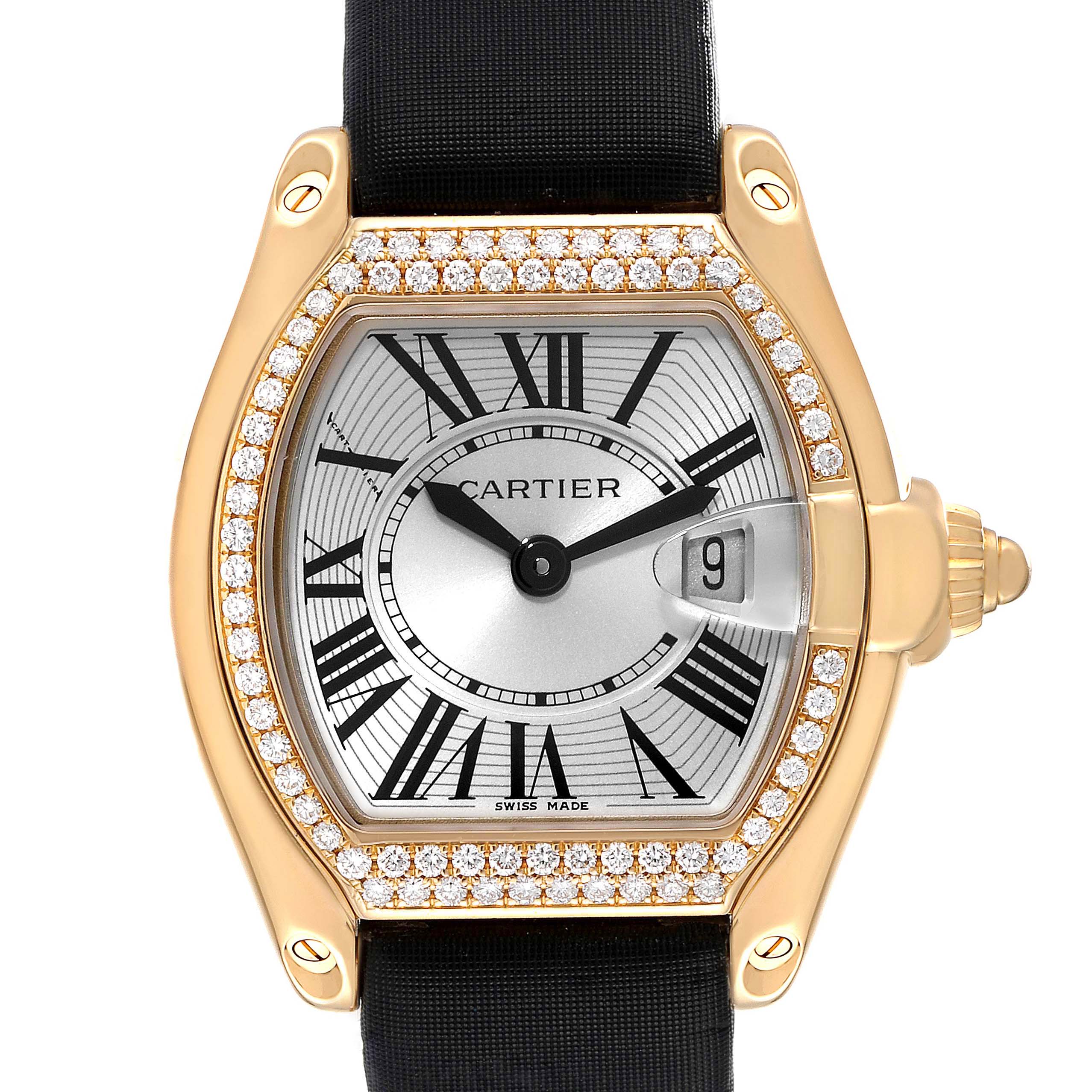 The Cartier Roadster WE500160 Women
s Yellow Gold Silver Dial WE500160 Women
s Yellow Gold Silver Dial watch is shown from a frontal angle, highlighting its diamond-studded bezel and Roman numeral dial.