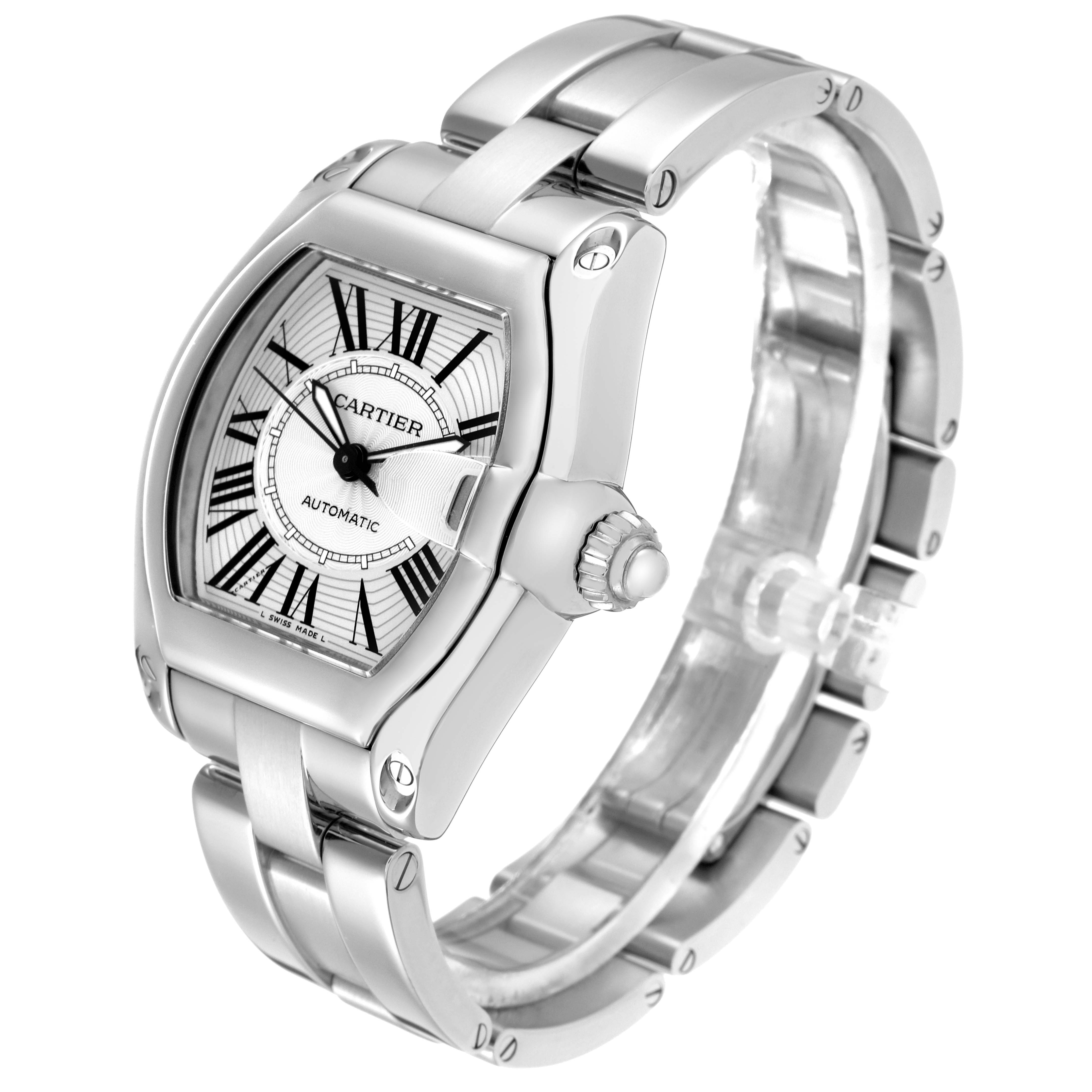 The Cartier Roadster W62025V3 Men's Stainless Steel Silver Dial W62025V3 Men's Stainless Steel Silver Dial watch is shown at an angle highlighting the face, bezel, and part of the bracelet.