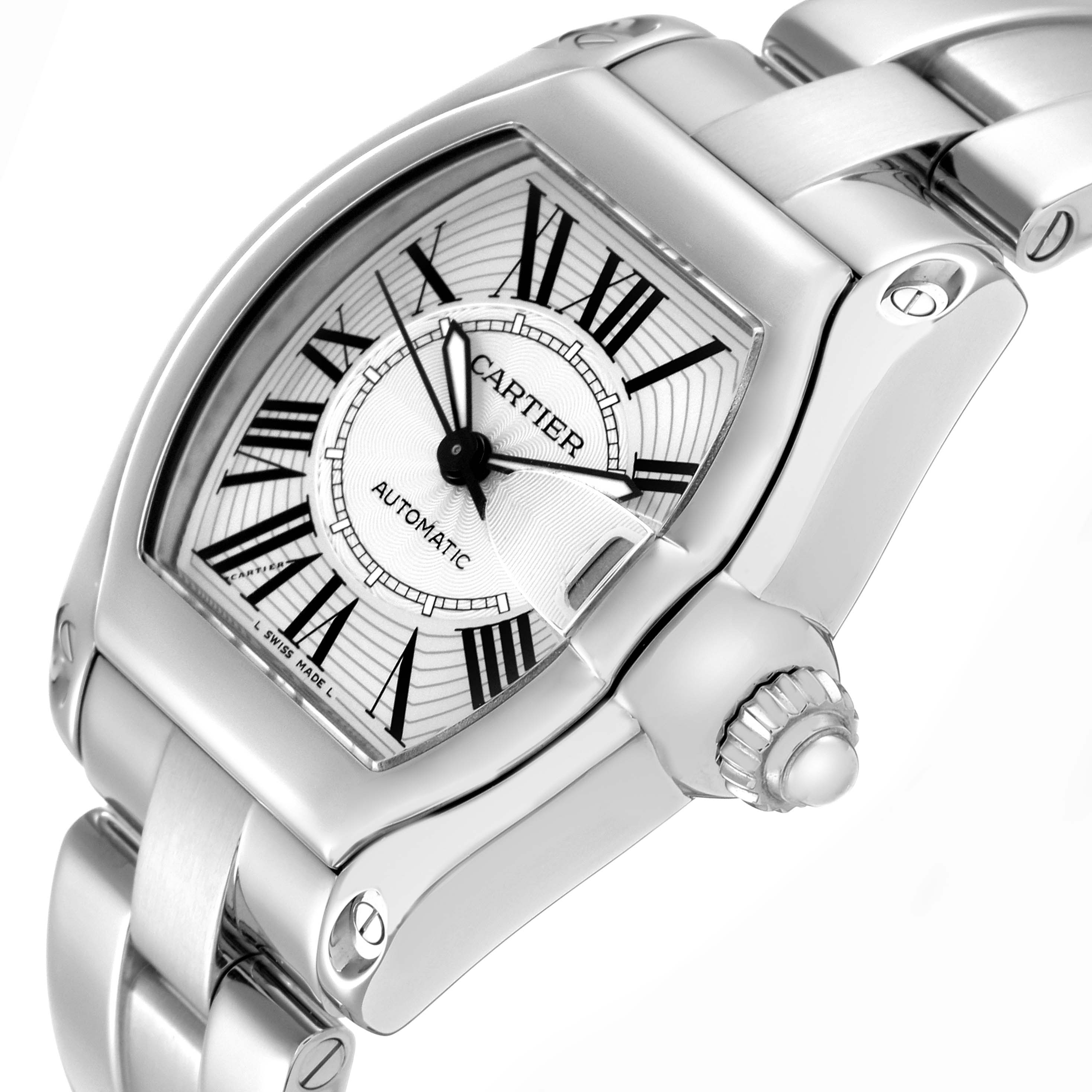 The Cartier Roadster W62025V3 Men's Stainless Steel Silver Dial W62025V3 Men's Stainless Steel Silver Dial watch is shown at a tilted close-up angle, highlighting the face, crown, and part of the bracelet.