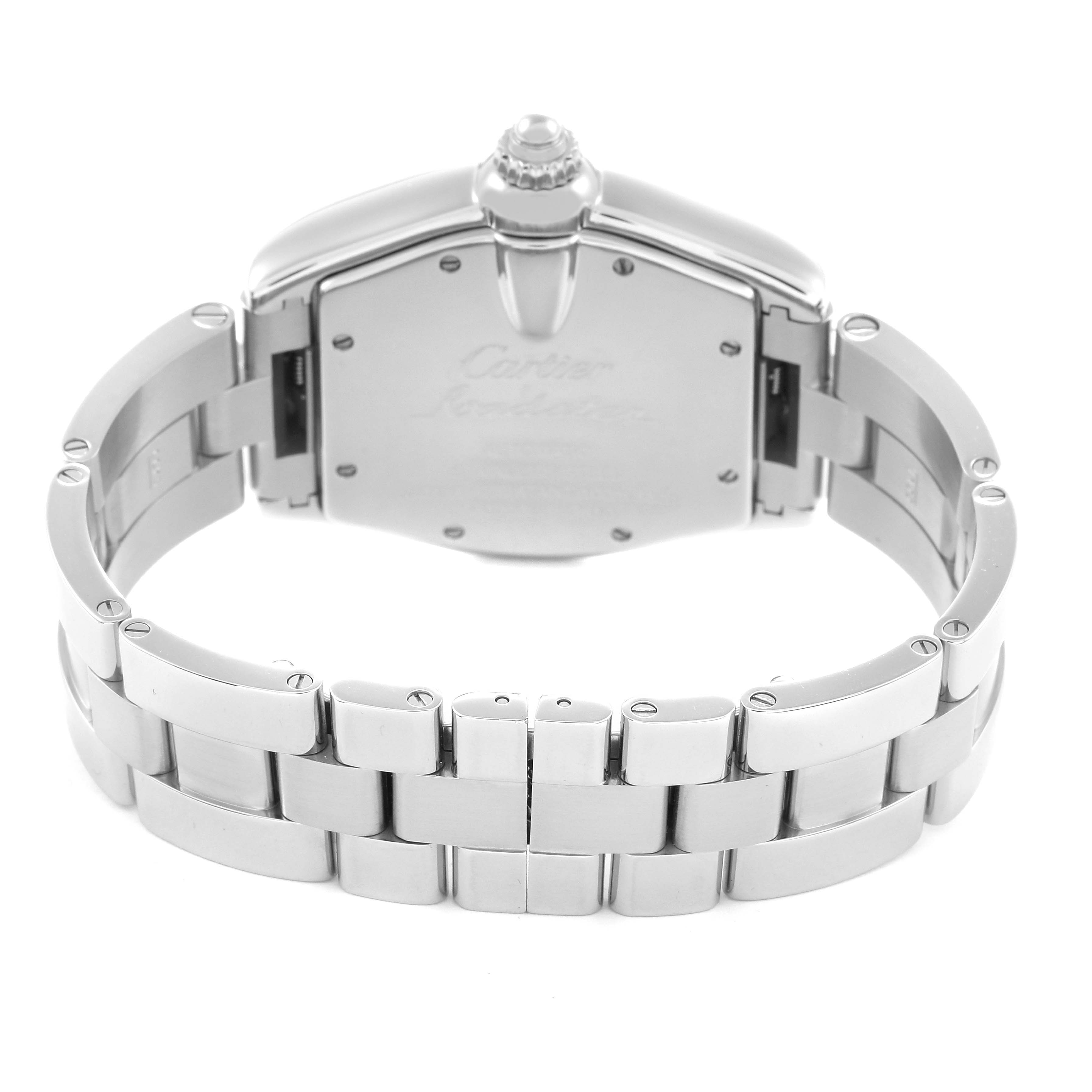 The image shows the back view of the Cartier Roadster W62025V3 Men's Stainless Steel Silver Dial W62025V3 Men's Stainless Steel Silver Dial watch, highlighting the bracelet and case back.