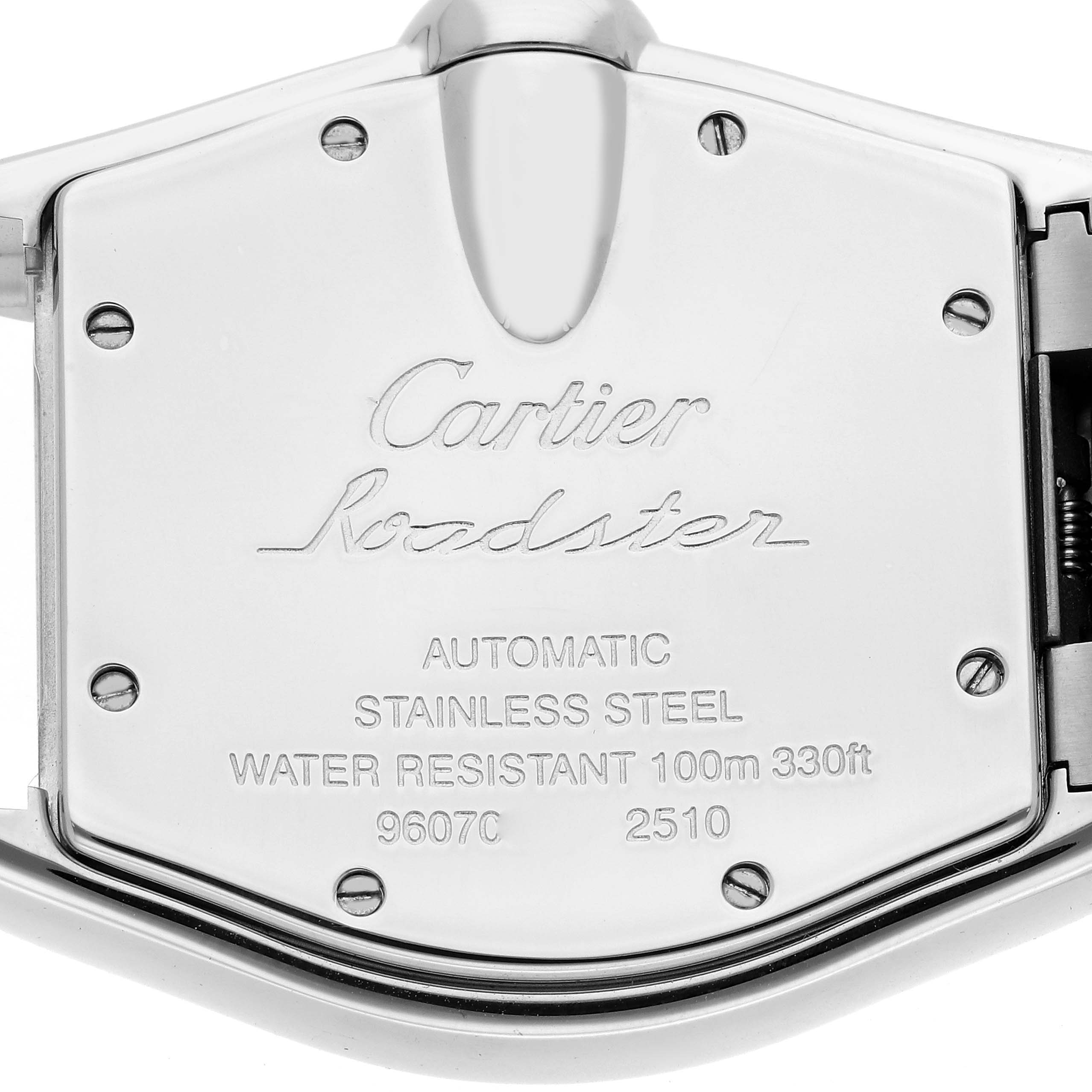 The image shows the back view of a Cartier Roadster W62025V3 Men's Stainless Steel Silver Dial W62025V3 Men's Stainless Steel Silver Dial watch, highlighting the case back with engraved details.