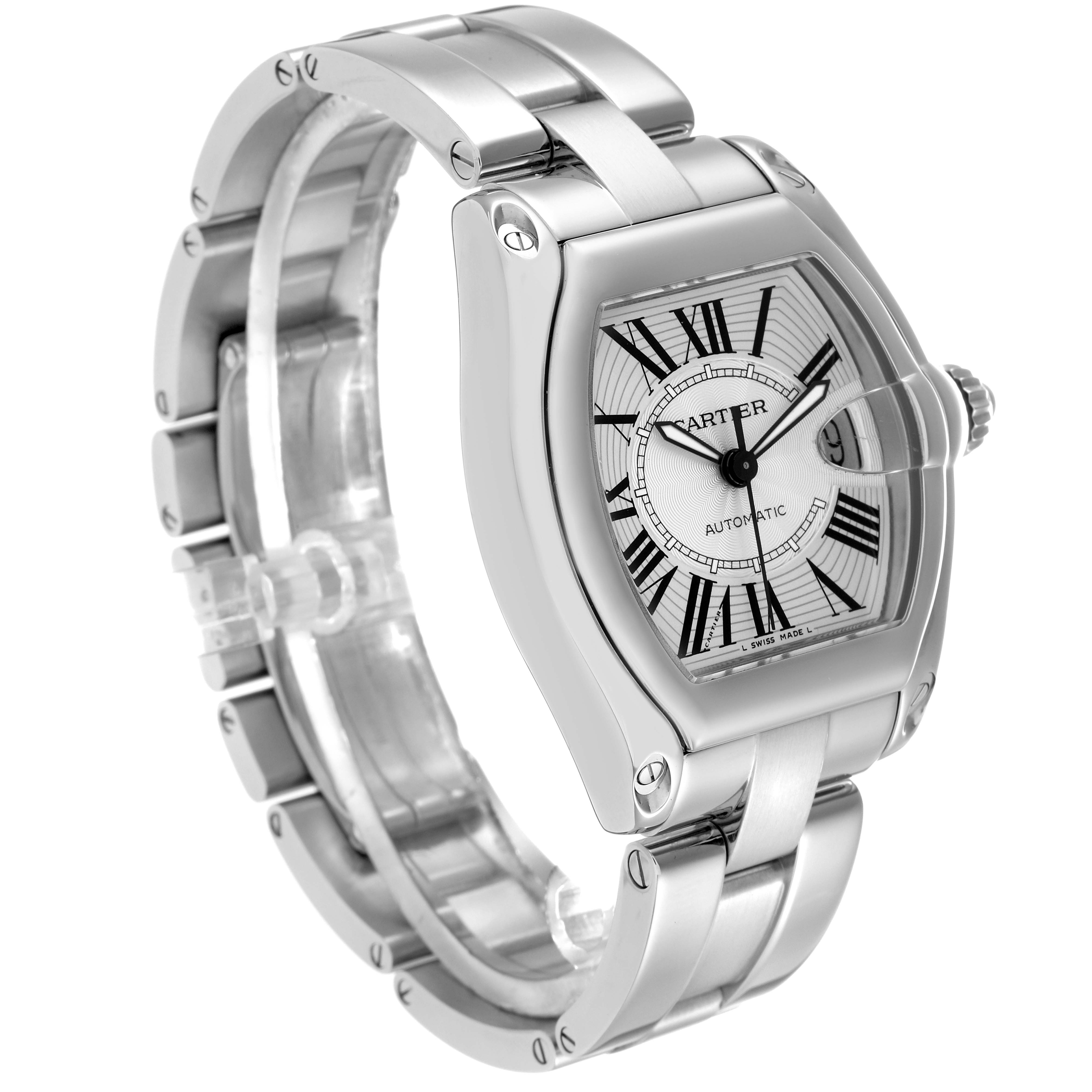The Cartier Roadster W62025V3 Men's Stainless Steel Silver Dial W62025V3 Men's Stainless Steel Silver Dial watch is shown from a three-quarter angle, highlighting the face, bracelet, and crown.