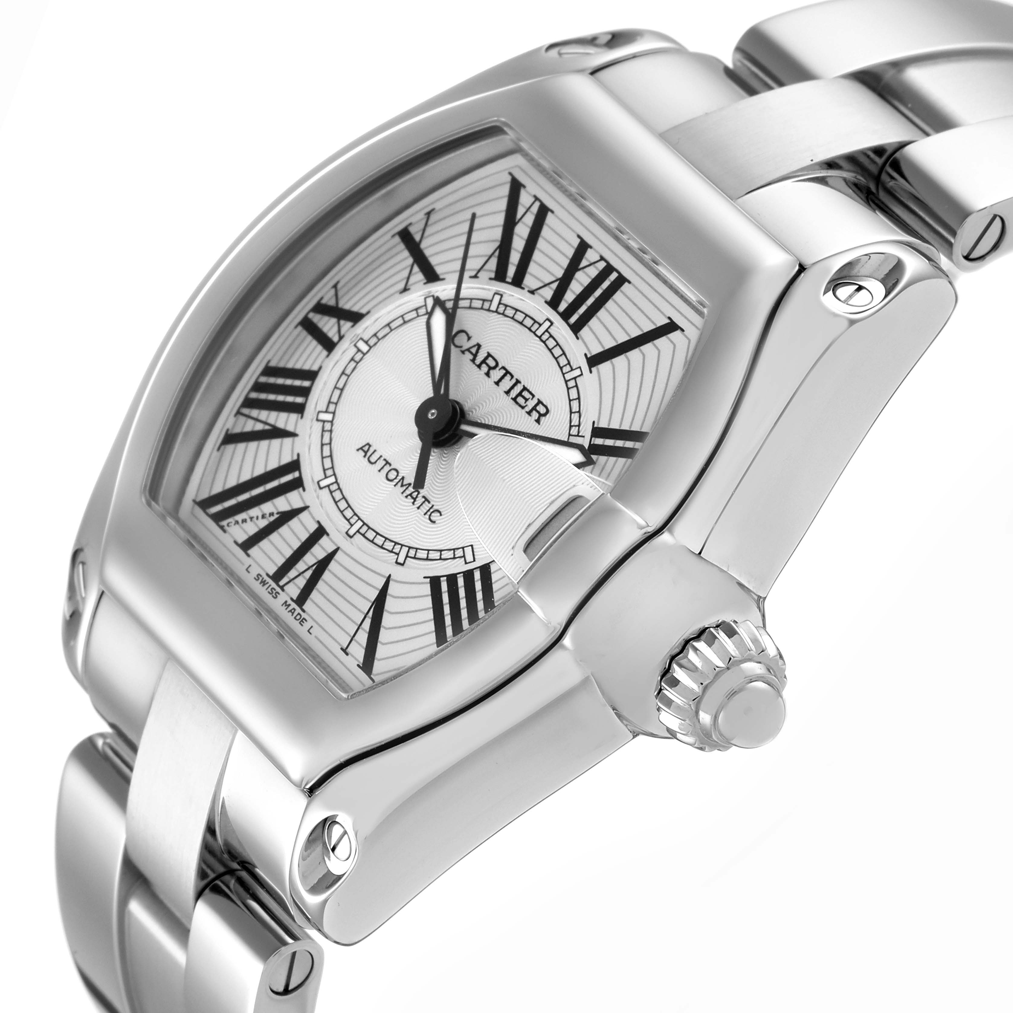 The Cartier Roadster W62025V3 Men's Stainless Steel Silver Dial W62025V3 Men's Stainless Steel Silver Dial watch is shown at an angled side view, highlighting its case, dial, and integrated bracelet.