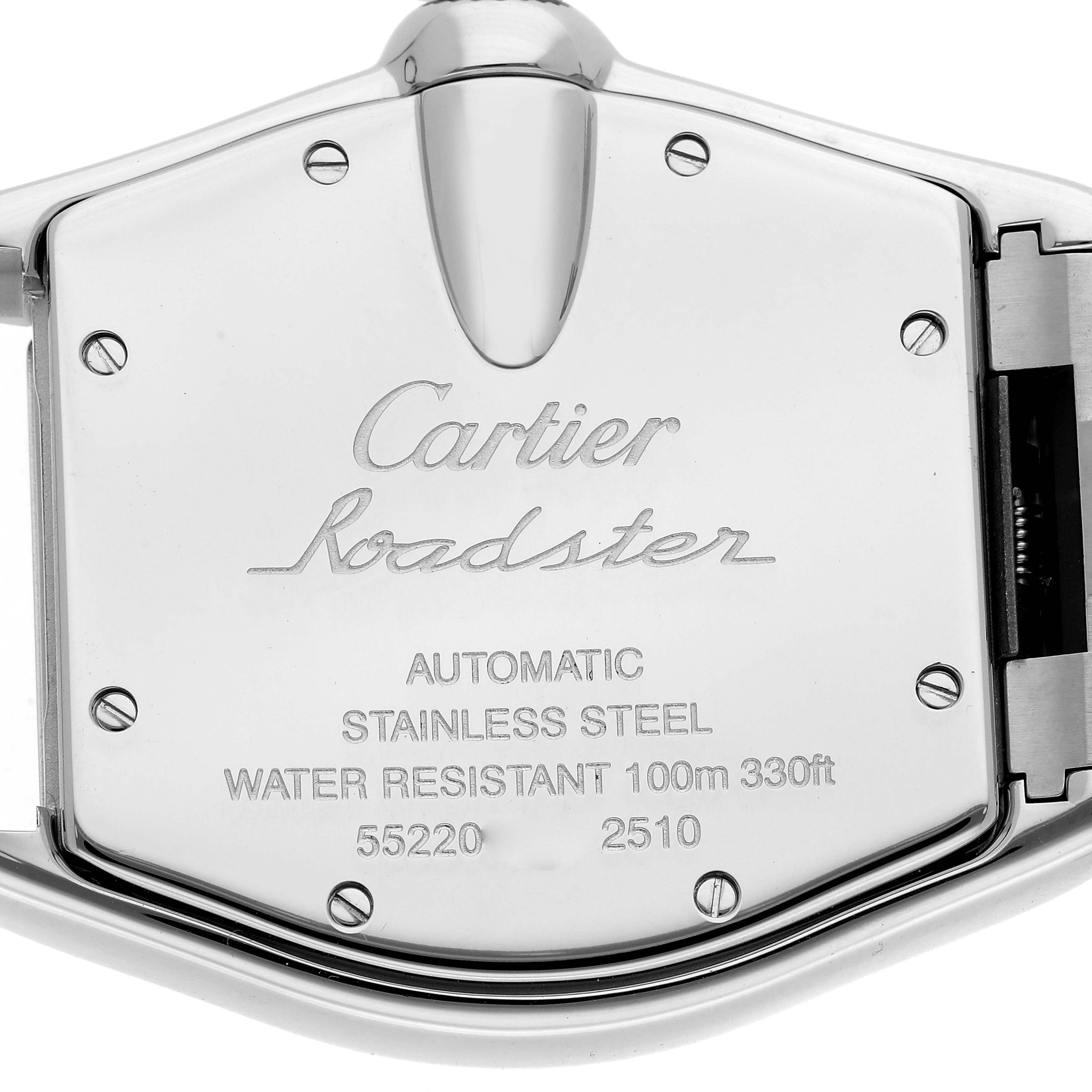 The image shows the back of a Cartier Roadster W62025V3 Men's Stainless Steel Silver Dial W62025V3 Men's Stainless Steel Silver Dial watch, highlighting the engraved caseback details.