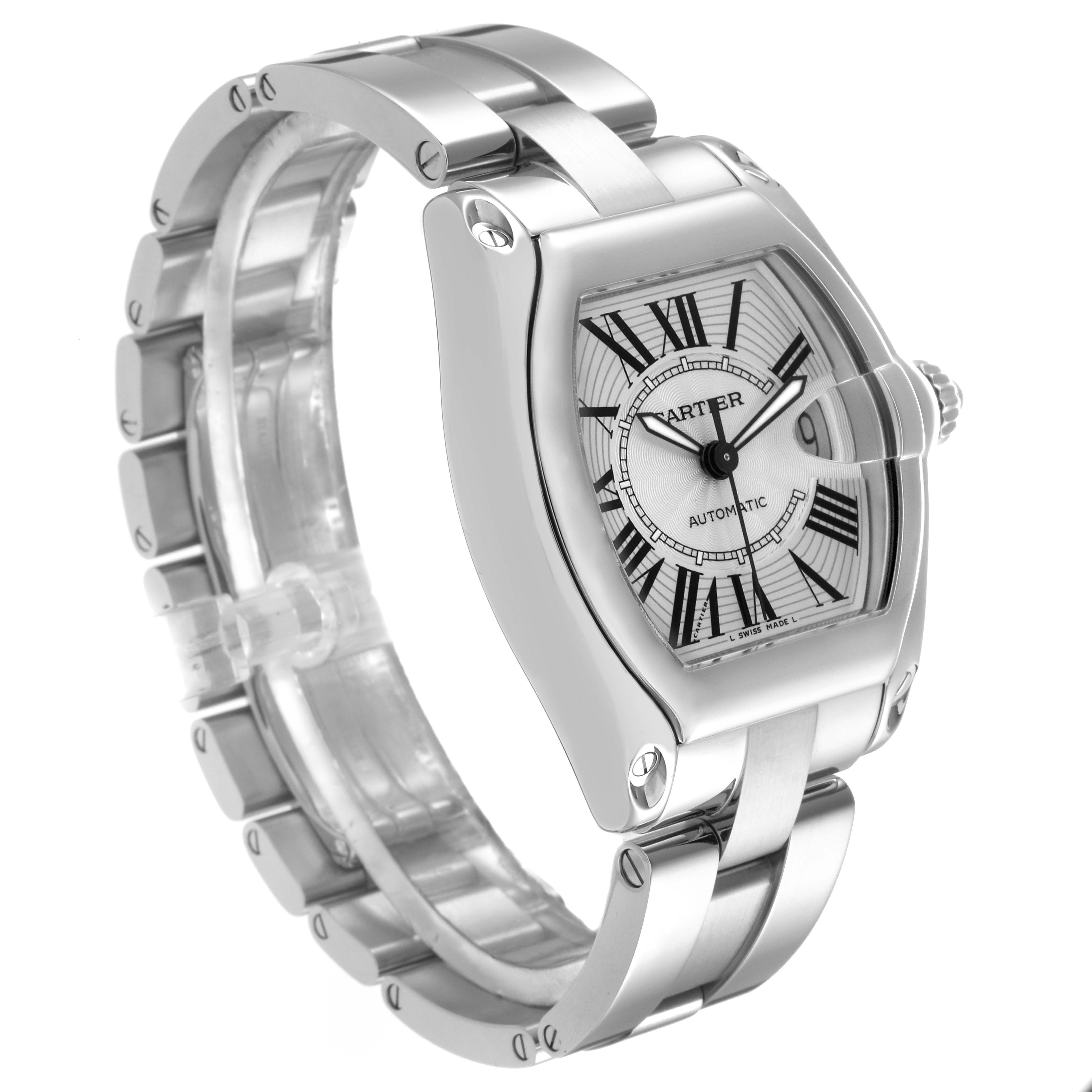 The Cartier Roadster W62025V3 Men's Stainless Steel Silver Dial W62025V3 Men's Stainless Steel Silver Dial watch is shown at a three-quarter angle, displaying the face, crown, and bracelet links.