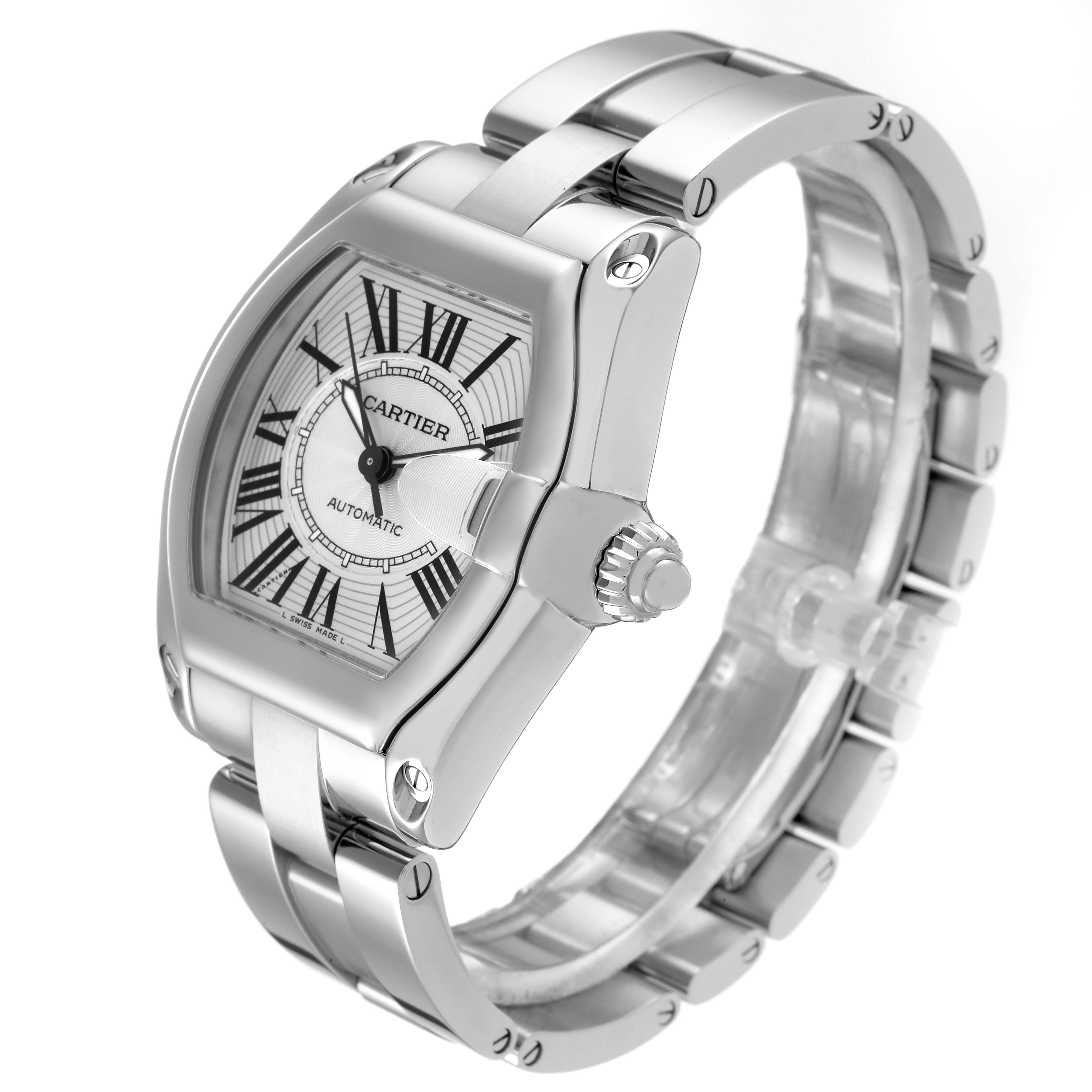 The Cartier Roadster W62025V3 Men's Stainless Steel Silver Dial W62025V3 Men's Stainless Steel Silver Dial watch is shown at a slight angle, highlighting the face, bezel, crown, and bracelet.