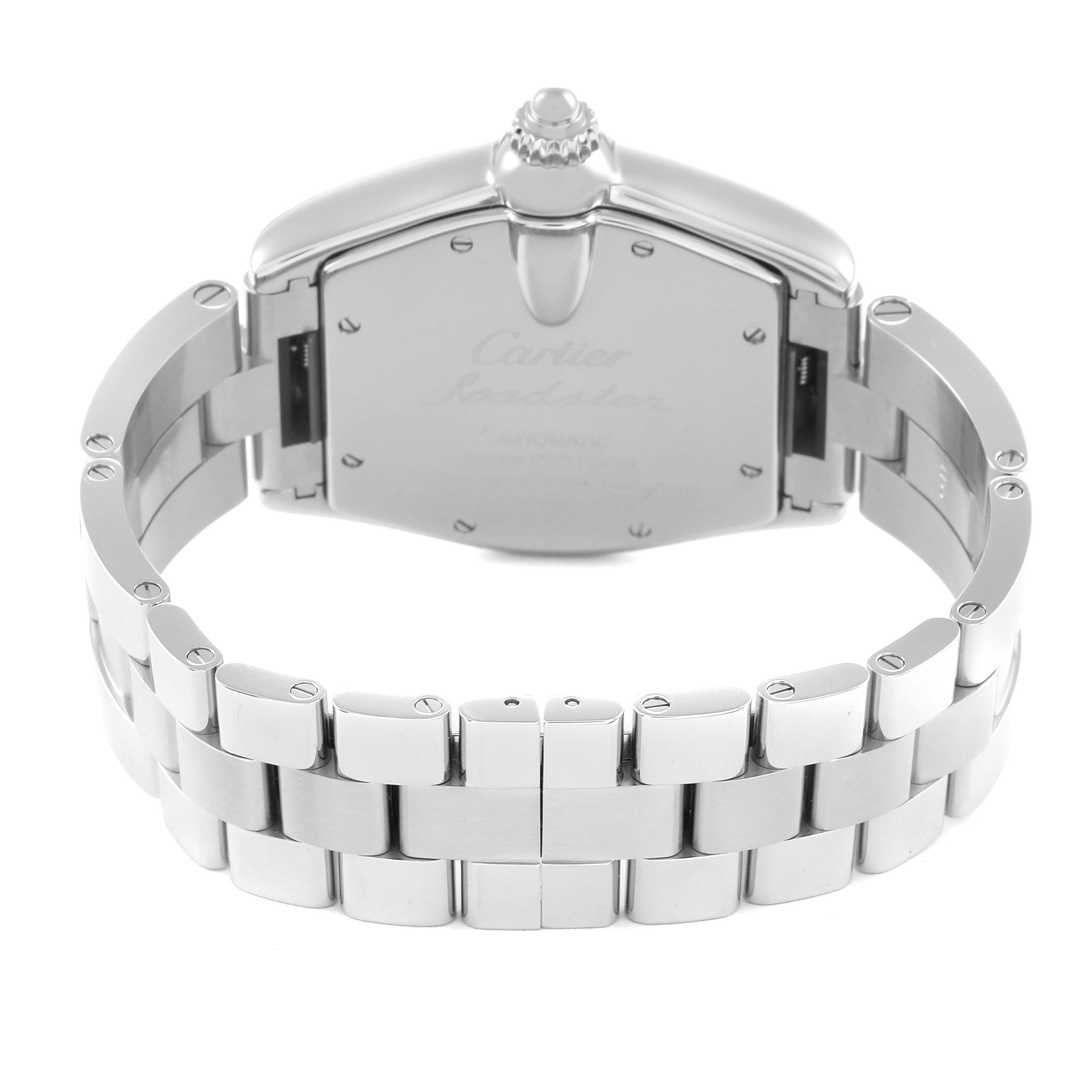 The Cartier Roadster W62025V3 Men's Stainless Steel Silver Dial W62025V3 Men's Stainless Steel Silver Dial watch is shown from a rear angle, highlighting the case back and bracelet links.