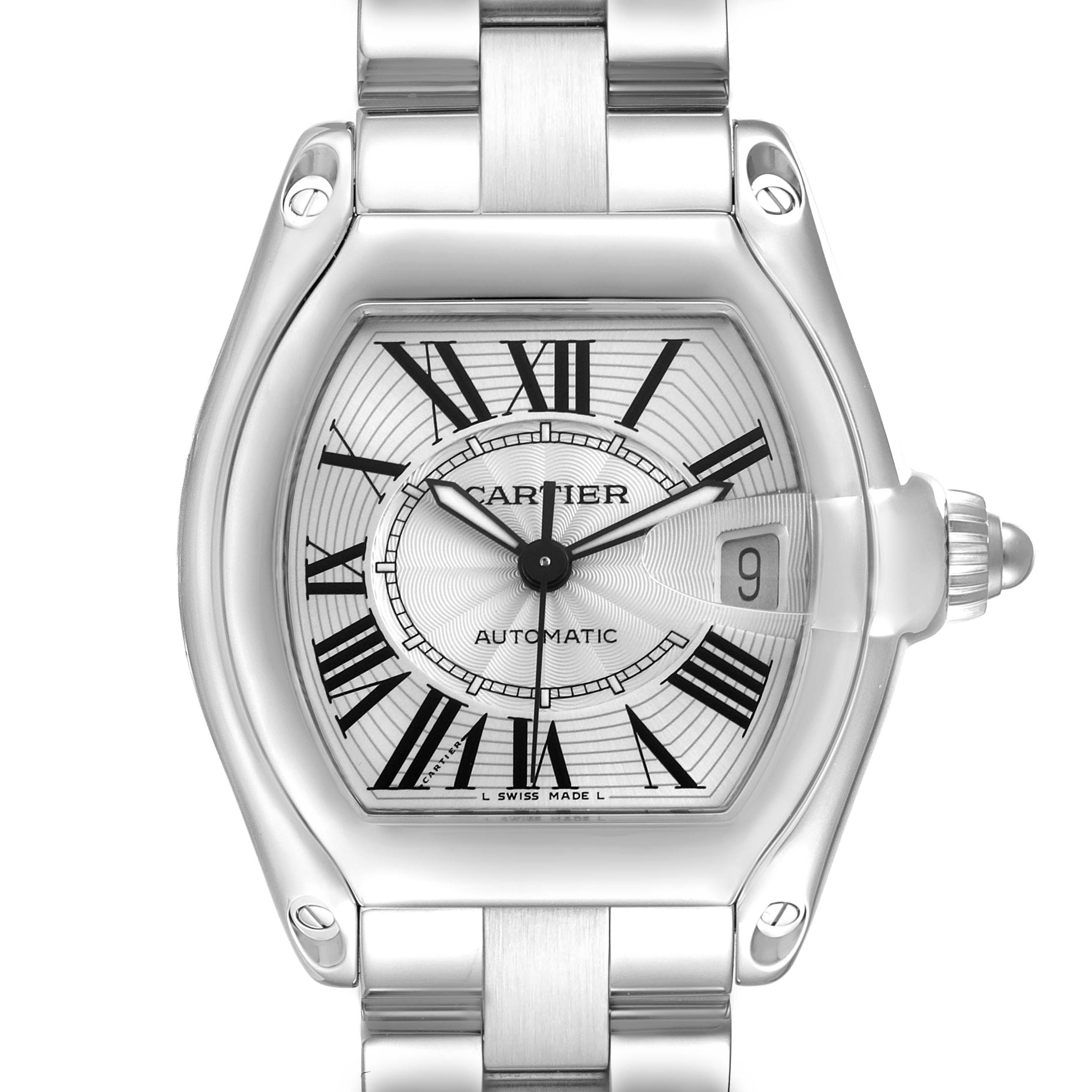 This Cartier Roadster W62025V3 Men's Stainless Steel Silver Dial W62025V3 Men's Stainless Steel Silver Dial watch is shown from a frontal angle, highlighting its dial, Roman numerals, and date window.