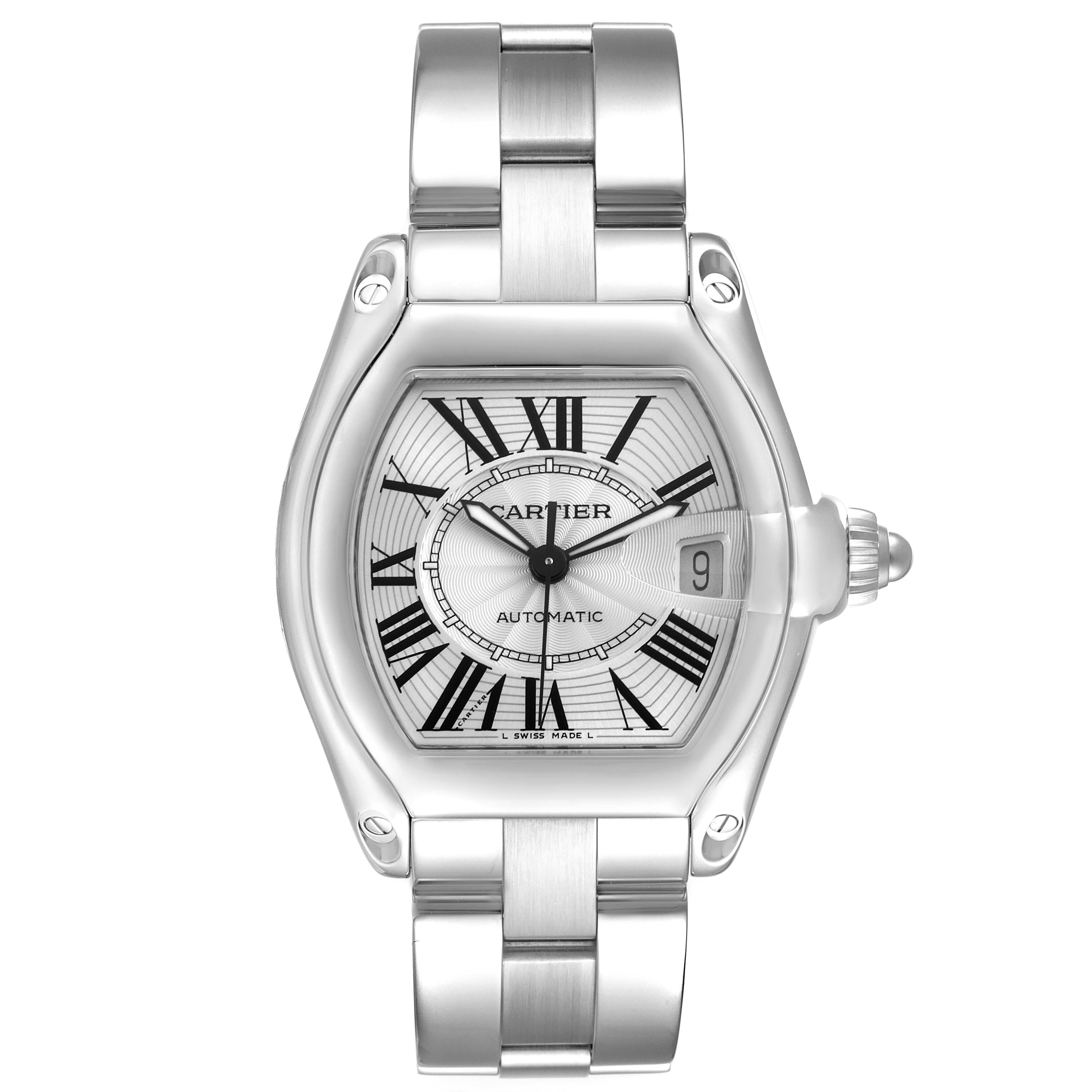 The Cartier Roadster W62025V3 Men's Stainless Steel Silver Dial W62025V3 Men's Stainless Steel Silver Dial watch is shown from the front, displaying its face, bracelet, crown, and date window.