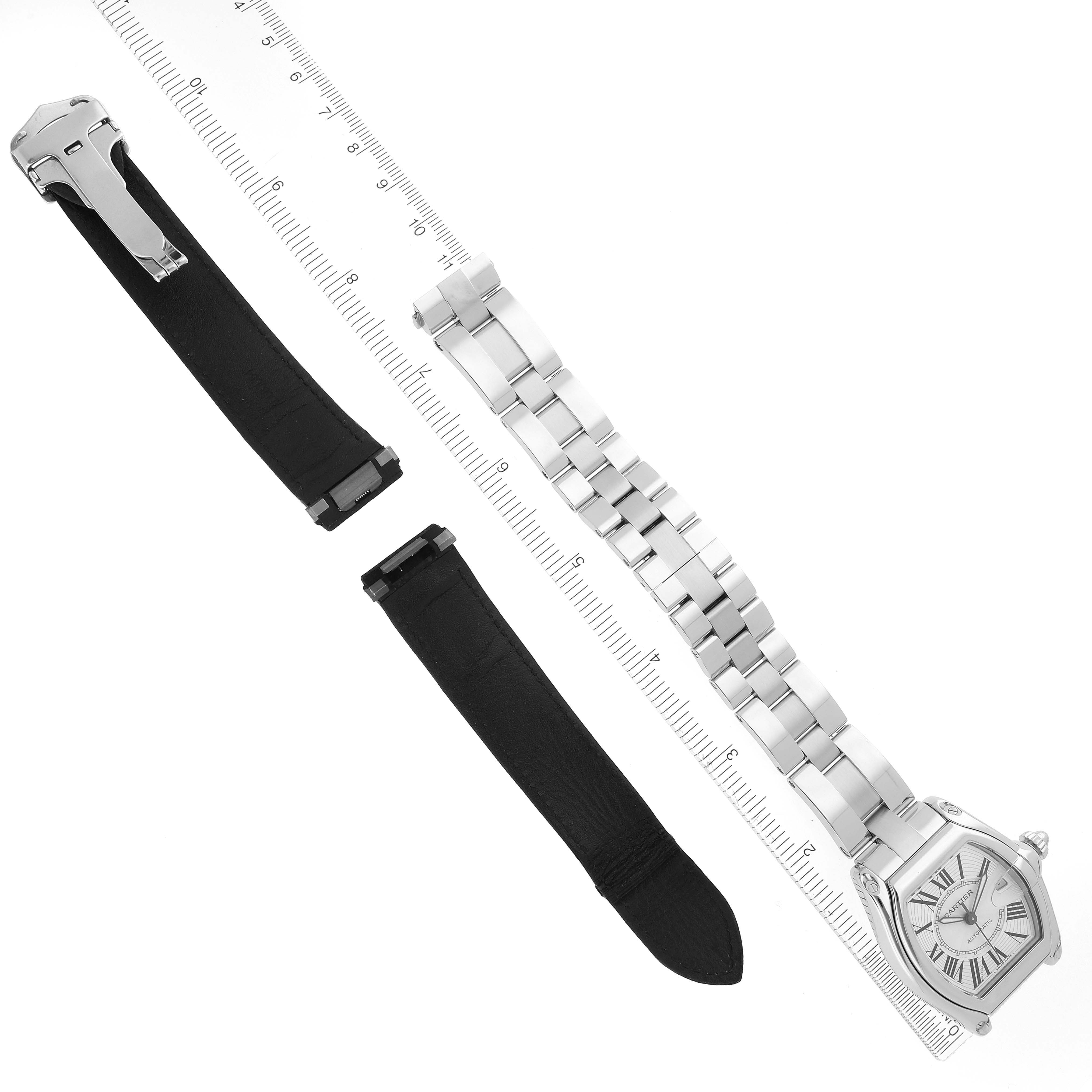The Cartier Roadster W62025V3 Men's Stainless Steel Silver Dial W62025V3 Men's Stainless Steel Silver Dial watch is shown with its metal bracelet attached and two additional leather straps, viewed from above.