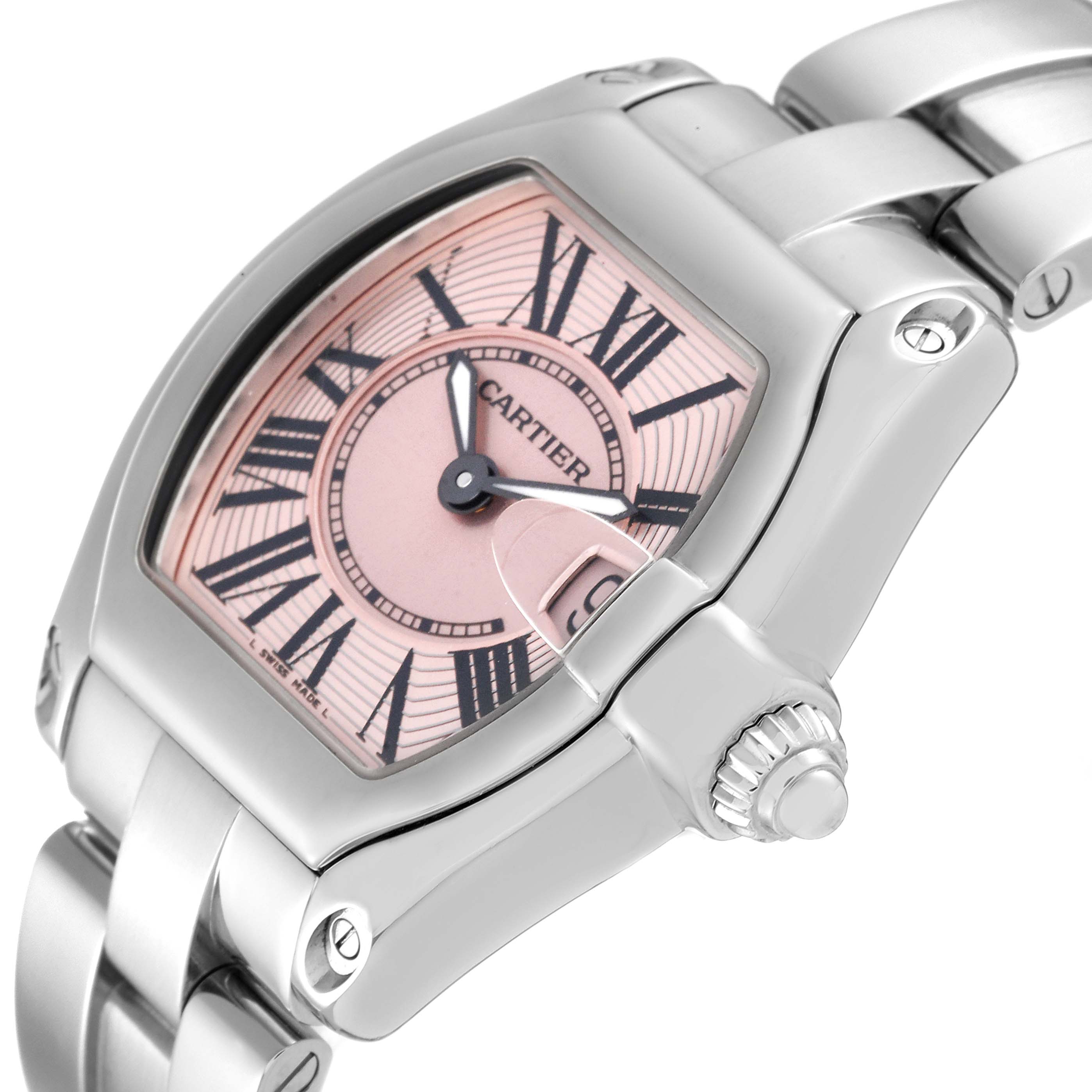 The Cartier Roadster W62017V3 Women's Stainless Steel Pink Dial W62017V3 Women's Stainless Steel Pink Dial watch is shown from a three-quarter angle, highlighting the face, crown, and part of the bracelet.