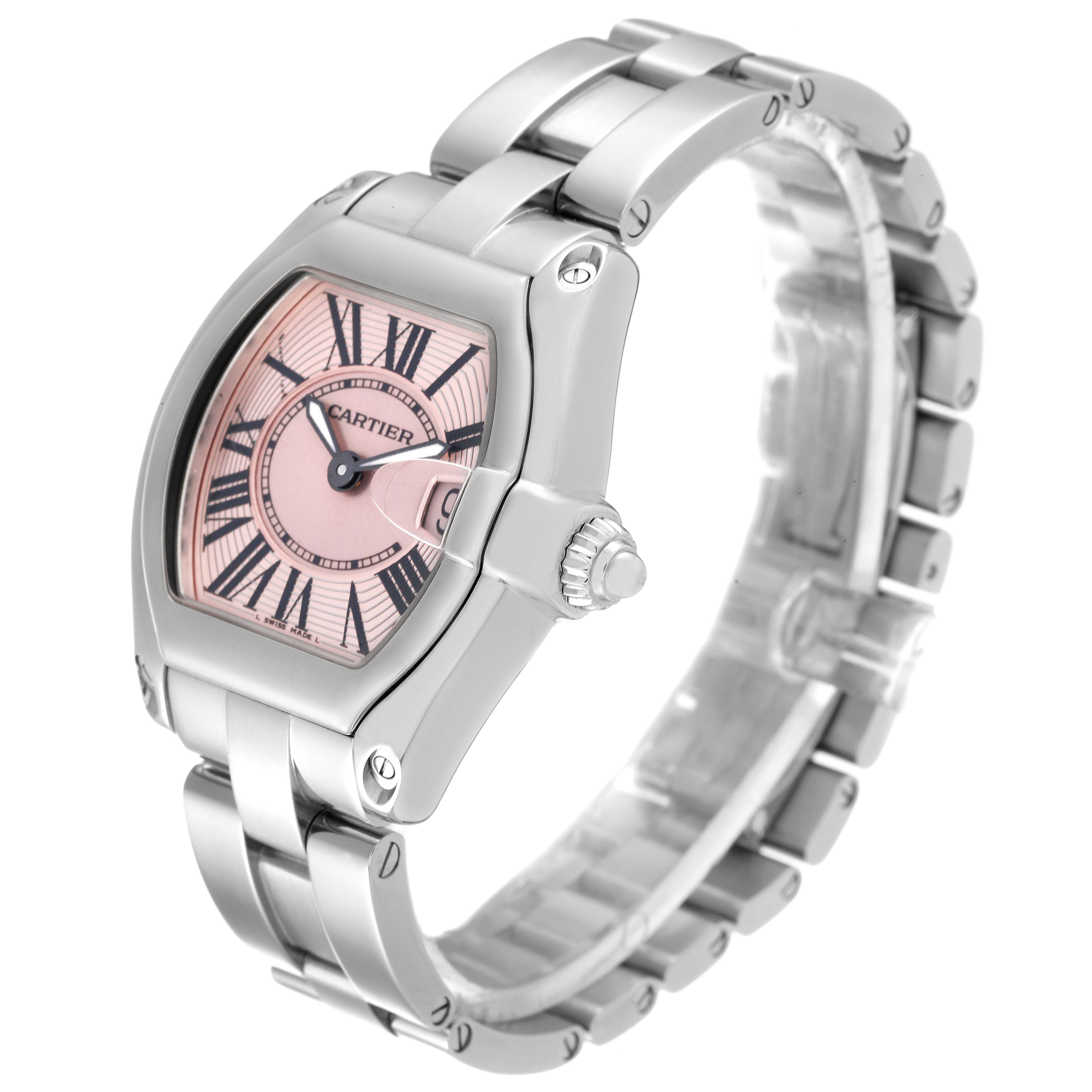 The Cartier Roadster W62017V3 Women's Stainless Steel Pink Dial W62017V3 Women's Stainless Steel Pink Dial watch is shown at an oblique angle, highlighting the face, crown, and bracelet.