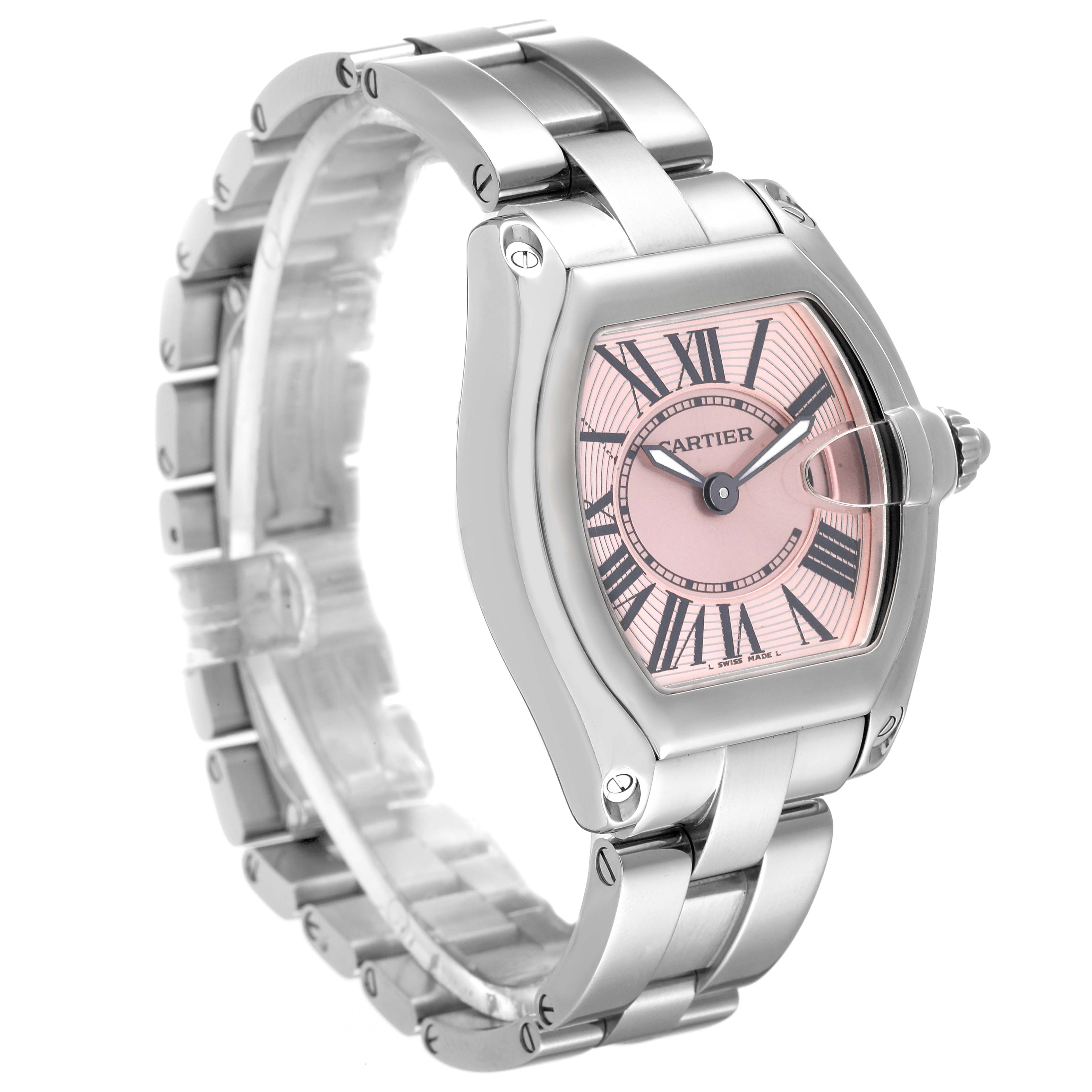 The Cartier Roadster W62017V3 Women's Stainless Steel Pink Dial W62017V3 Women's Stainless Steel Pink Dial watch is shown at a three-quarter angle featuring its face, bracelet, and crown detail.