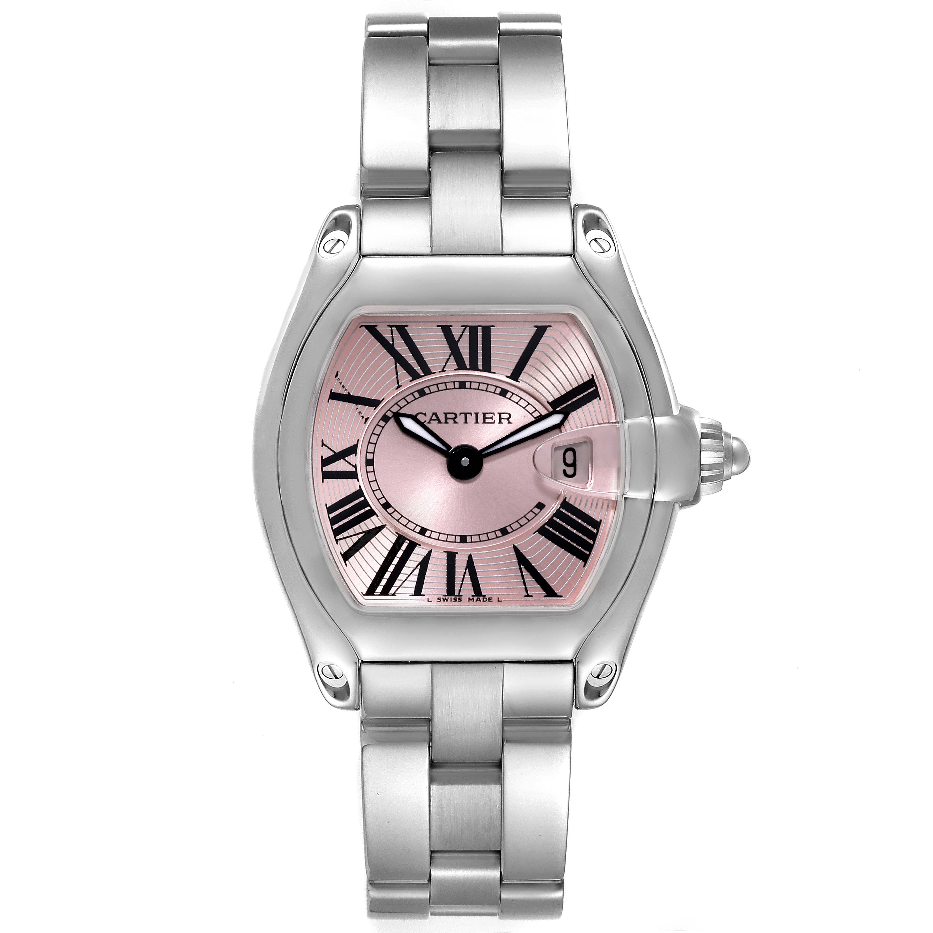 The Cartier Roadster W62017V3 Women's Stainless Steel Pink Dial W62017V3 Women's Stainless Steel Pink Dial watch is shown from the front, displaying the dial, case, crown, and metal bracelet.