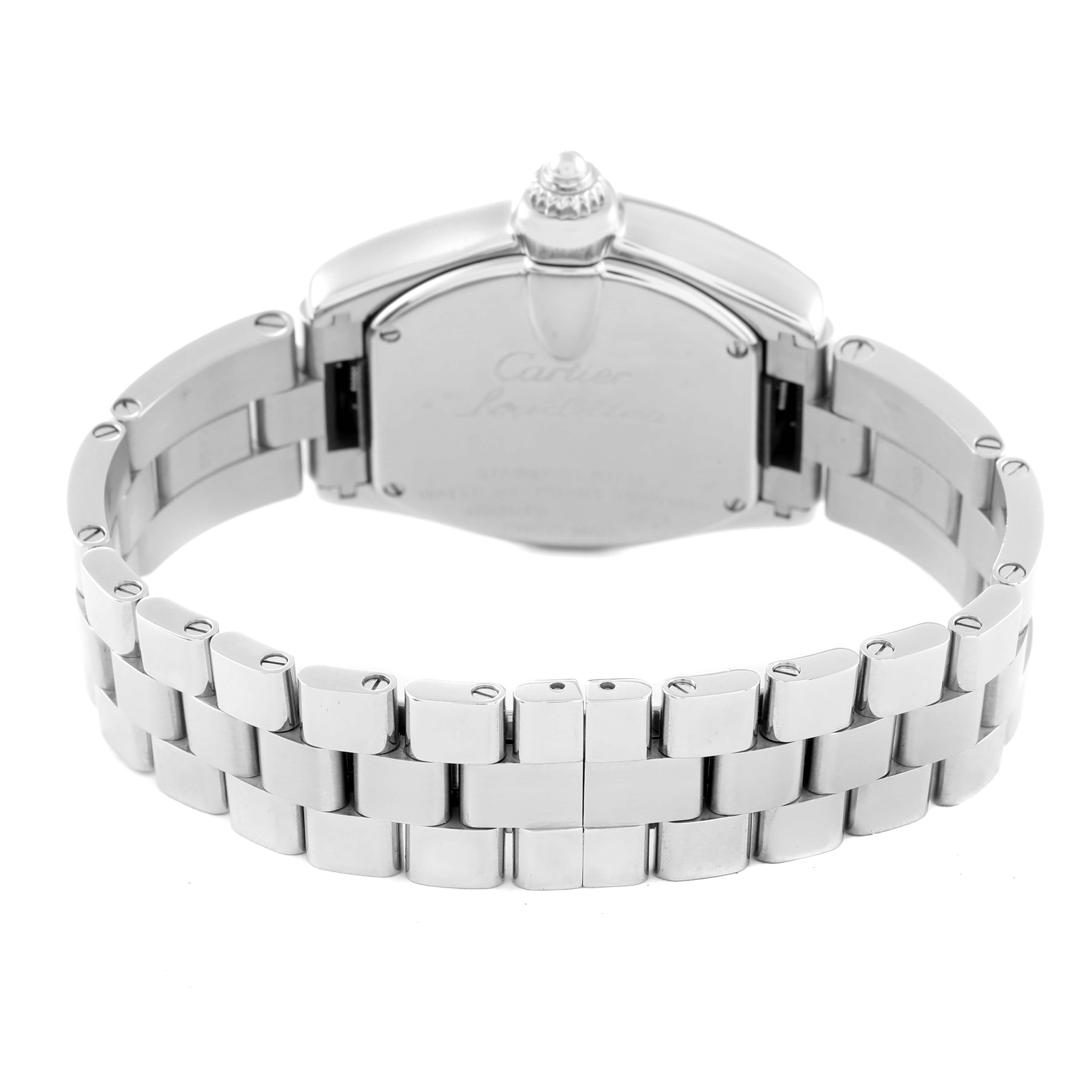 The Cartier Roadster W62017V3 Women's Stainless Steel Pink Dial W62017V3 Women's Stainless Steel Pink Dial watch is shown from the back, highlighting its case back and metal bracelet.