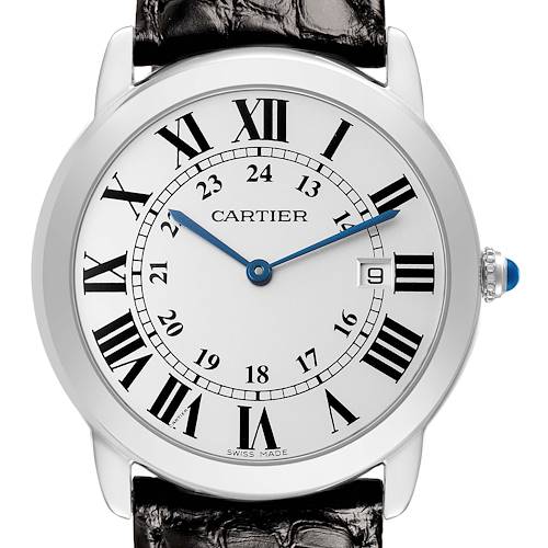 The Cartier Ronde W6700255 Men's Stainless Steel Silver Dial watch is shown from the front, displaying the dial, Roman numerals, blue hands, and date window.