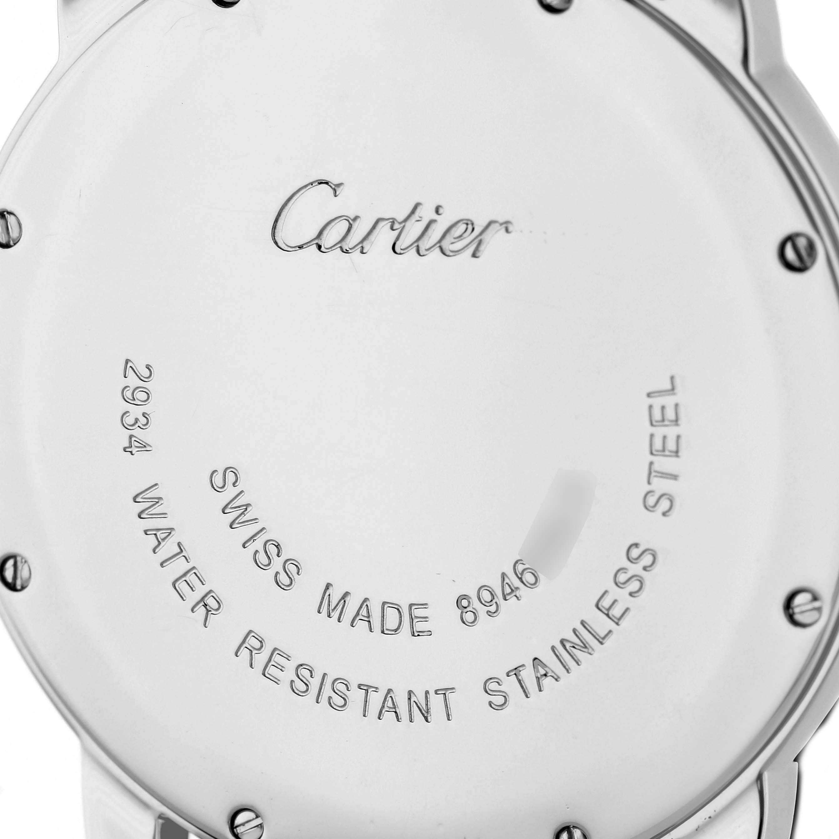The image shows the back case of the Cartier Ronde W6700255 Men's Stainless Steel Silver Dial watch, highlighting the "Swiss Made" engraving and model details.