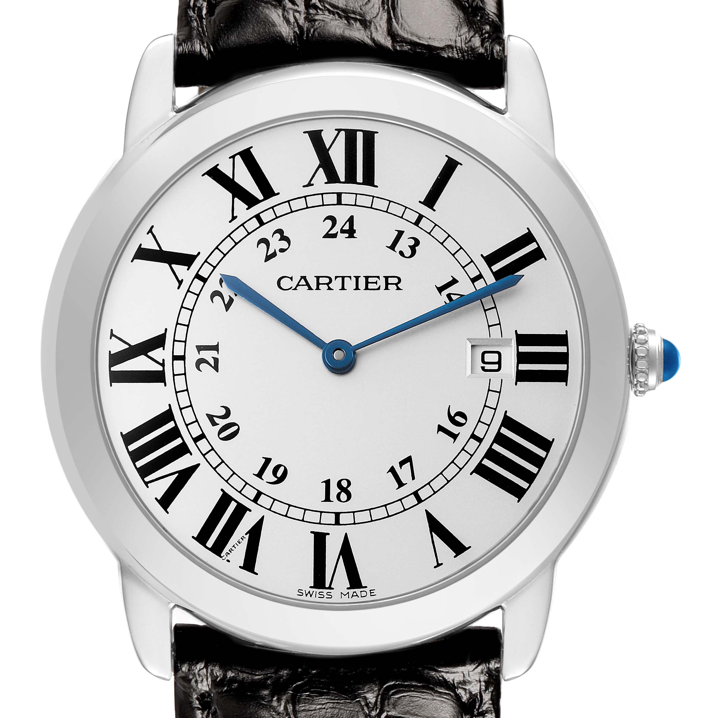 The Cartier Ronde W6700255 Men's Stainless Steel Silver Dial watch is shown from the front, displaying its dial, Roman numerals, hands, and a date window.
