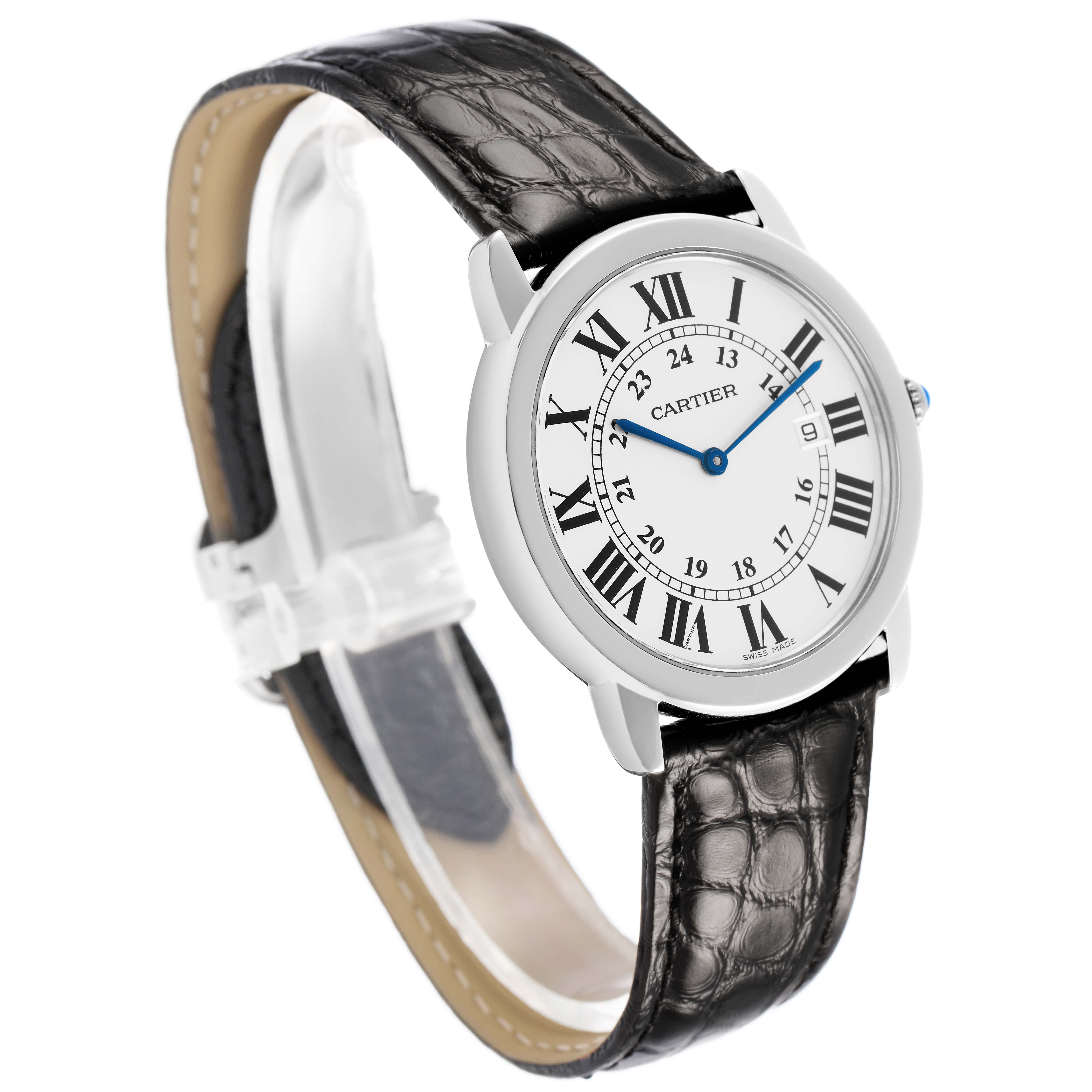 The Cartier Ronde W6700255 Men's Stainless Steel Silver Dial watch is shown at an angle highlighting the face, Roman numerals, and black crocodile leather strap.