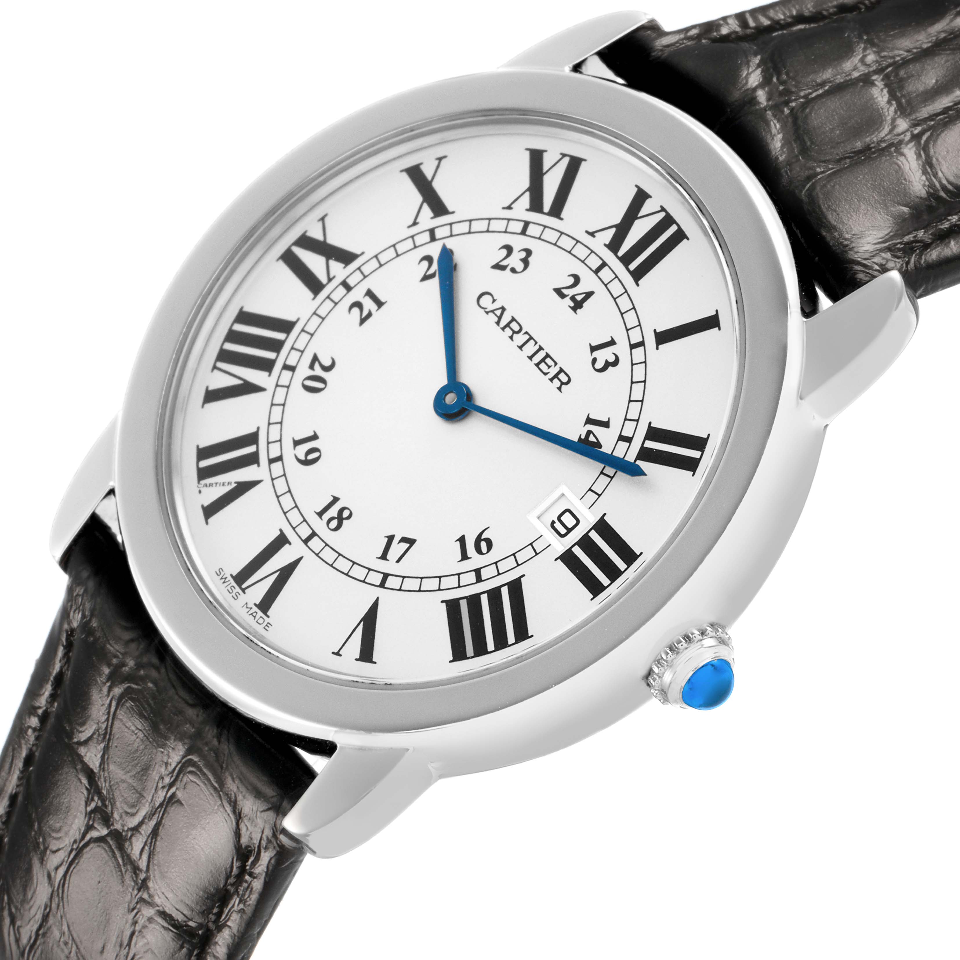 The Cartier Ronde W6700255 Men's Stainless Steel Silver Dial watch is shown from a front angle displaying the dial, Roman numerals, and crown with a blue cabochon.