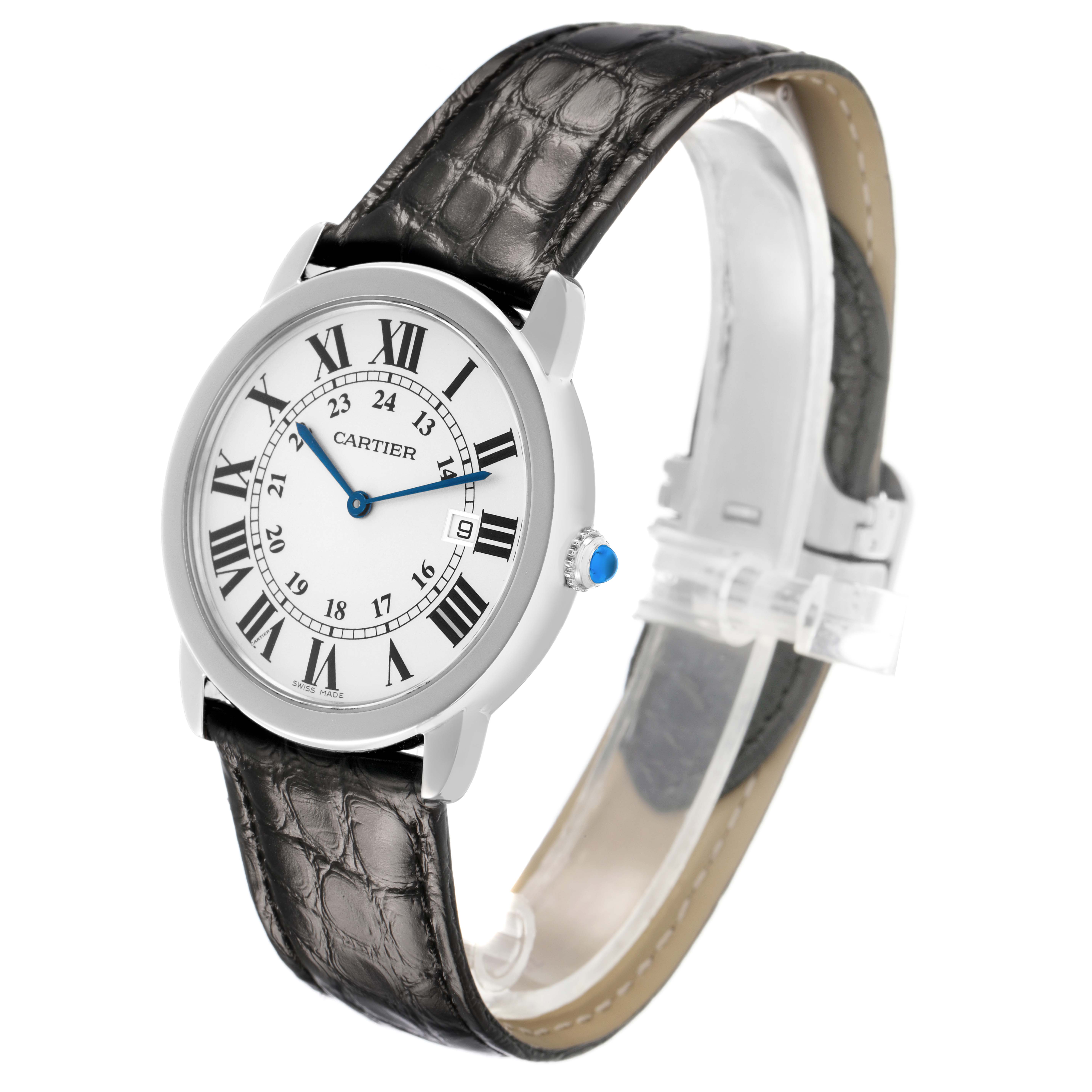 The Cartier Ronde W6700255 Men's Stainless Steel Silver Dial watch is shown at a three-quarter angle, displaying its face, case, crown, and leather strap.