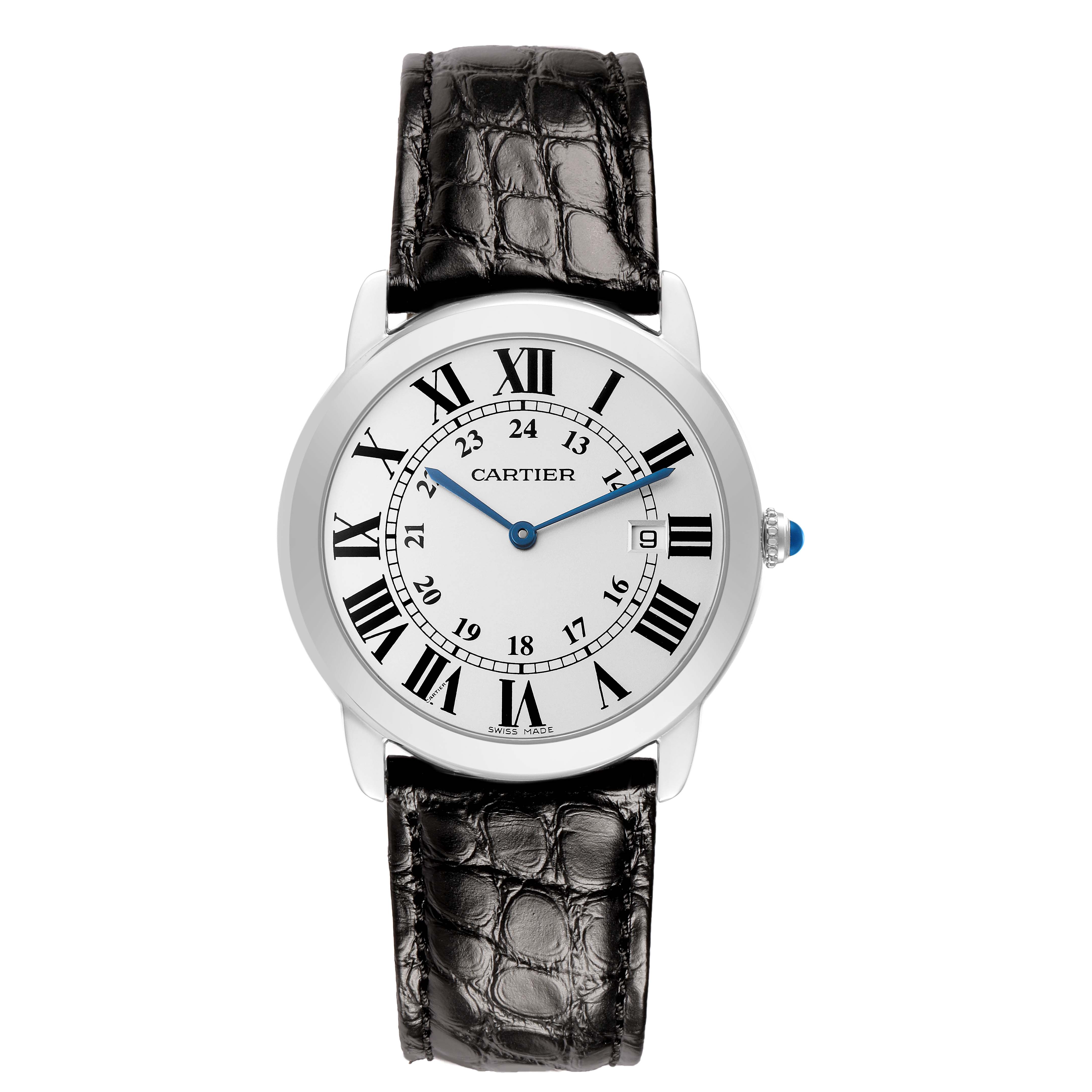 The Cartier Ronde W6700255 Men's Stainless Steel Silver Dial watch is shown from the front, displaying its face, Roman numerals, and leather strap.