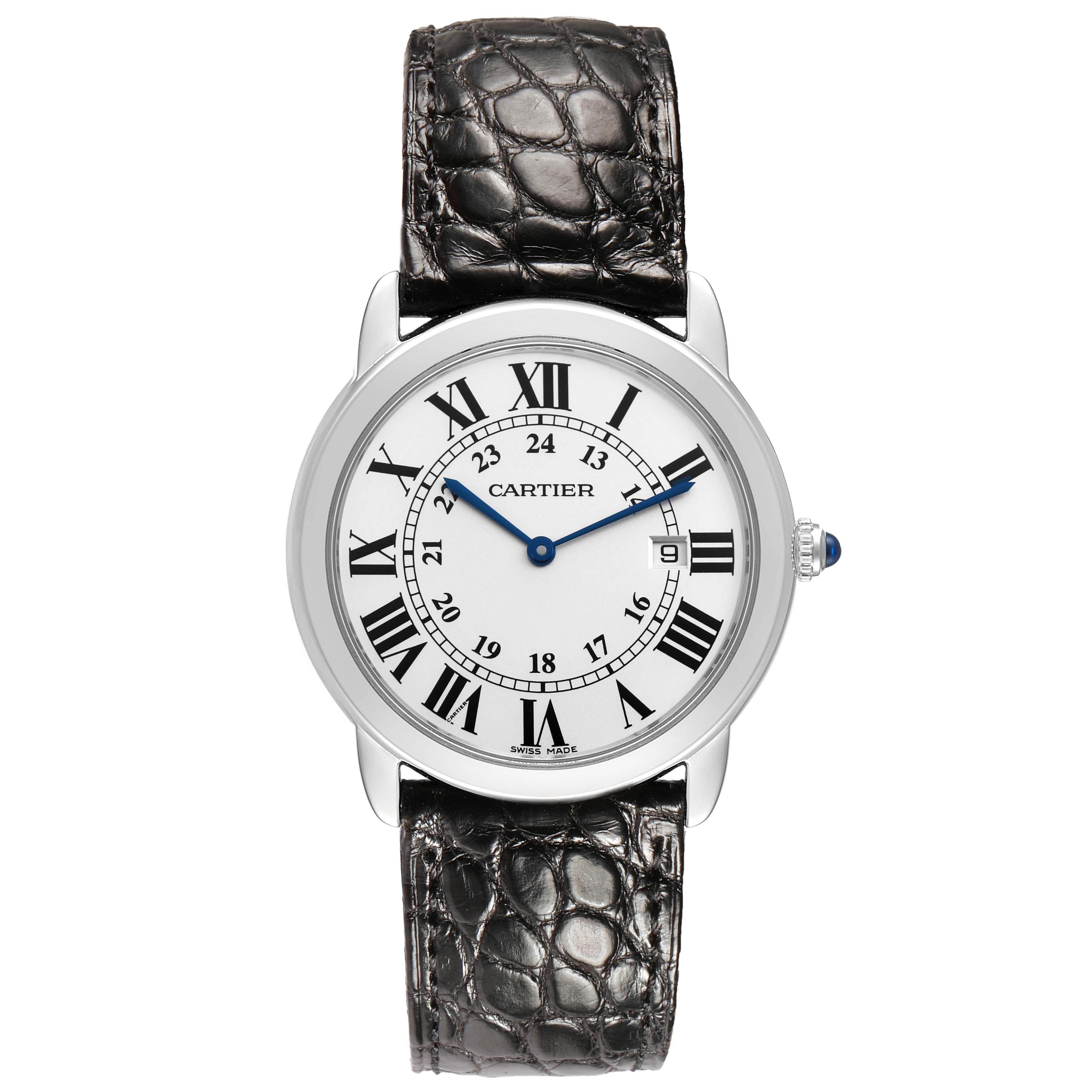 The Cartier Ronde W6700255 Men's Stainless Steel Silver Dial watch is shown from a front view, highlighting the dial, Roman numerals, and black leather strap.