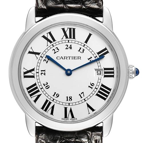 The Cartier Ronde W6700255 Men's Stainless Steel Silver Dial watch is shown from the front, displaying its Roman numerals, blue hands, and date window.