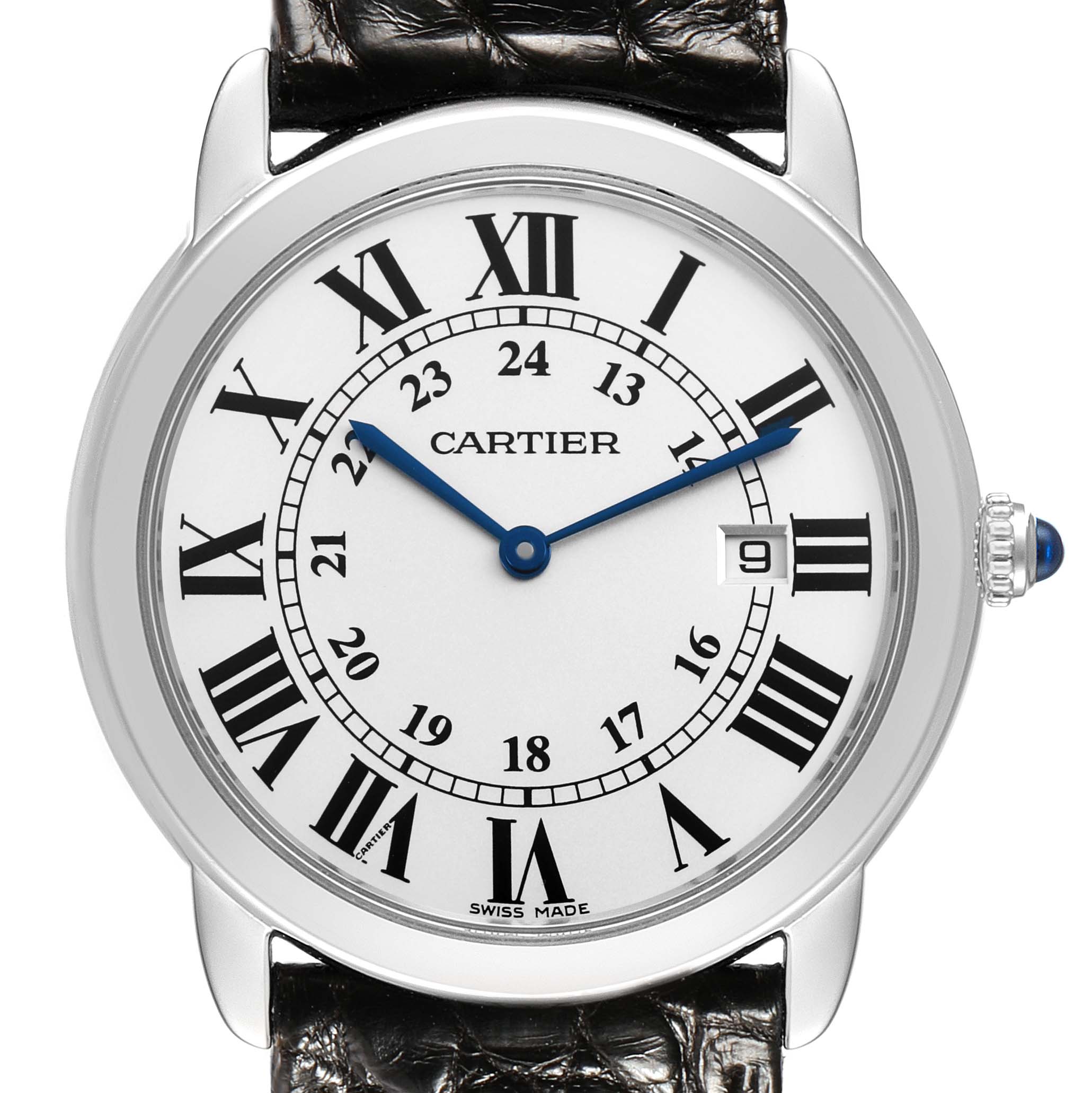 The Cartier Ronde W6700255 Men's Stainless Steel Silver Dial watch is shown in a close-up frontal view, displaying its dial, Roman numerals, and blue hands.
