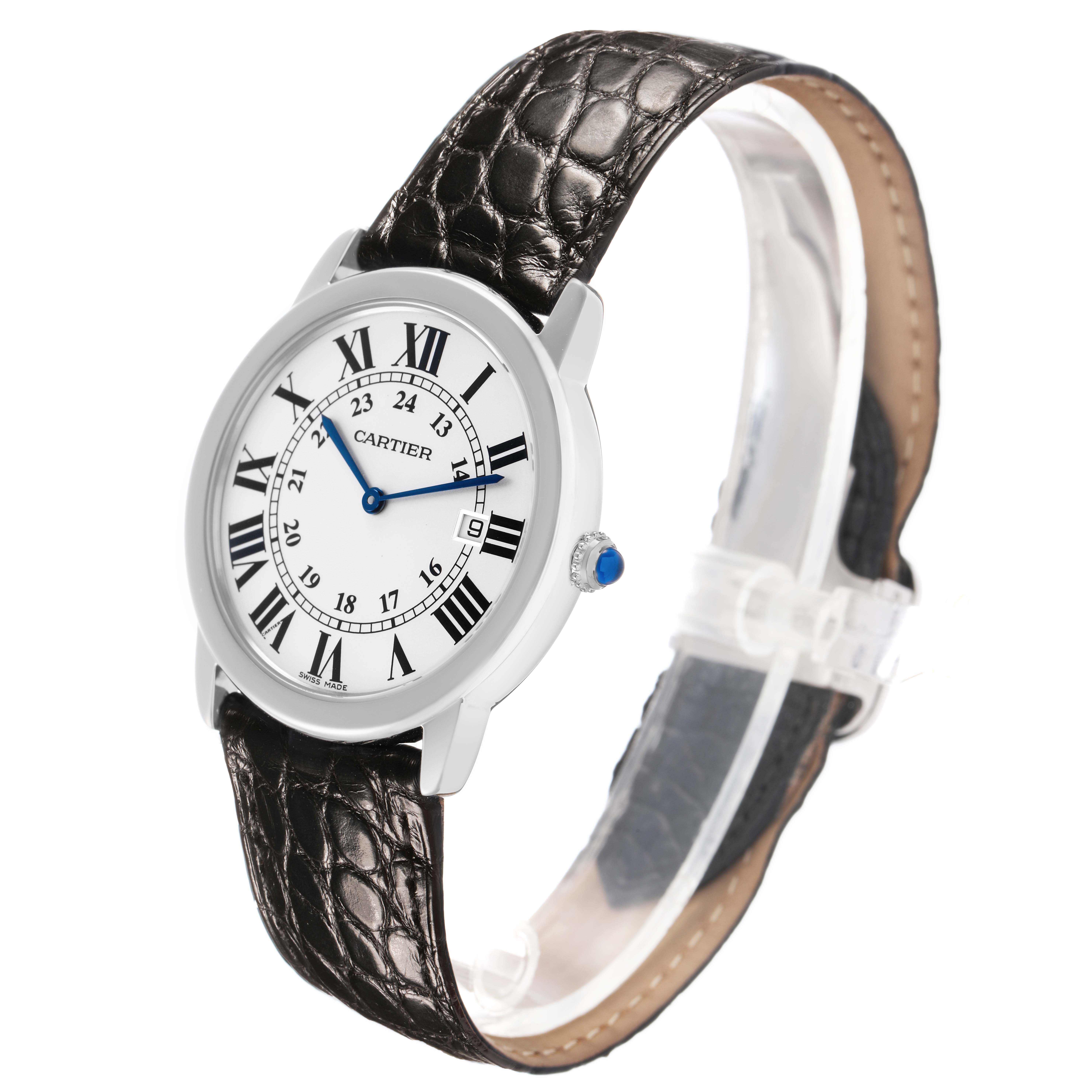 The Cartier Ronde W6700255 Men's Stainless Steel Silver Dial watch is shown at a slight angle, displaying its round face, Roman numerals, and textured leather strap.