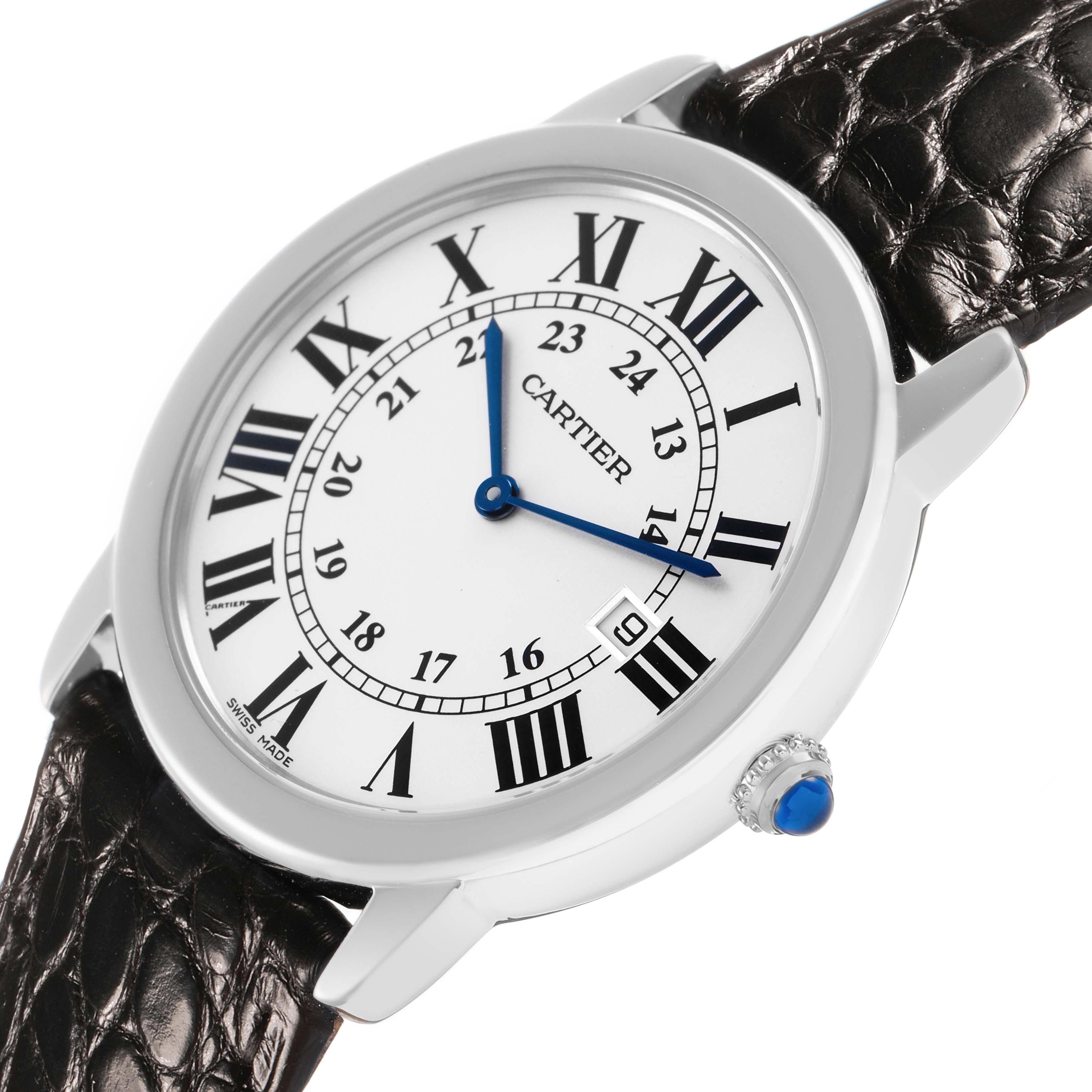 The Cartier Ronde W6700255 Men's Stainless Steel Silver Dial watch is shown from a front angle, highlighting the face, blue hands, date window, crown, and leather strap.