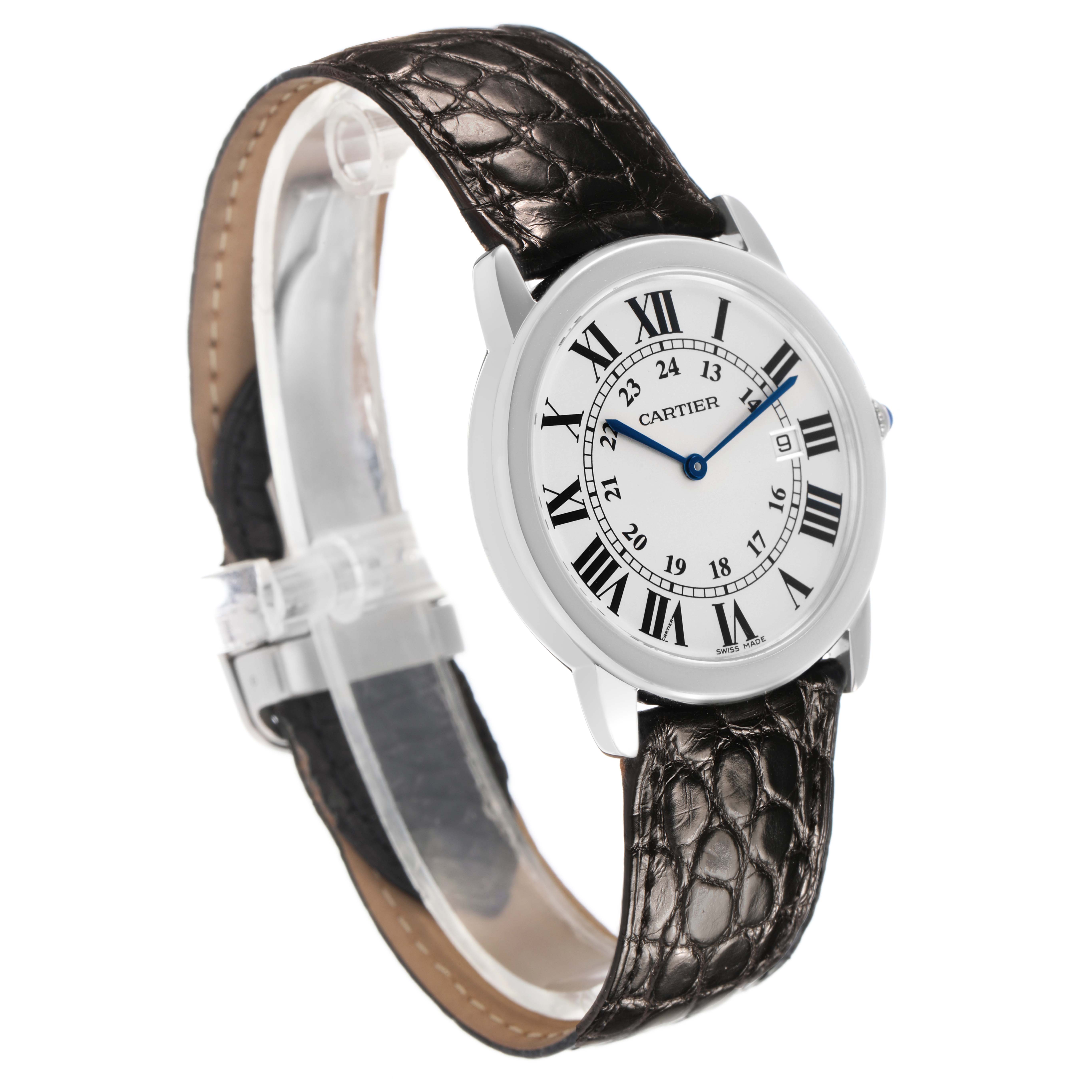 The Cartier Ronde W6700255 Men's Stainless Steel Silver Dial watch is shown at a side angle, displaying its round dial, Roman numerals, and leather strap.