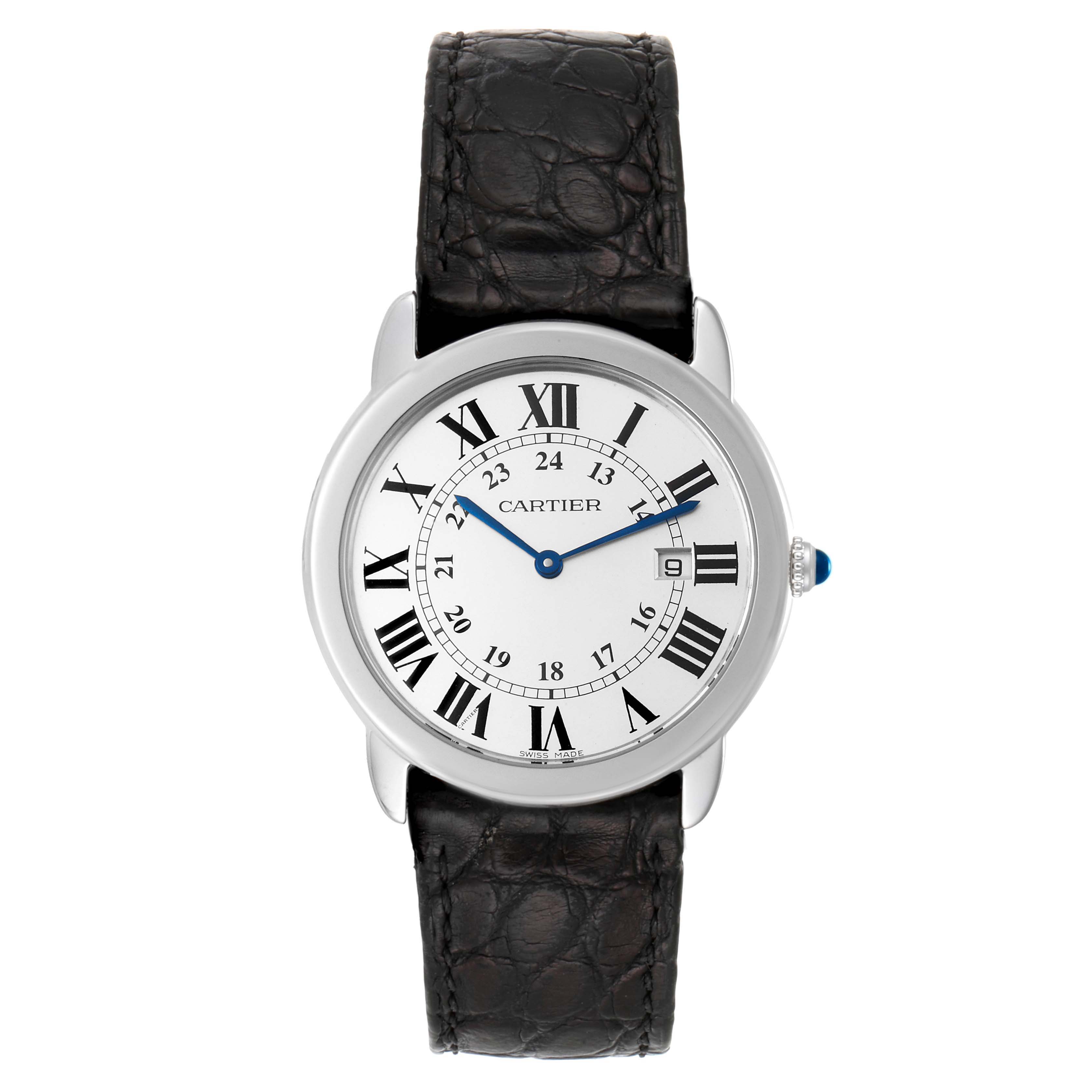 The image shows a frontal view of the Cartier Ronde W6700255 Men's Stainless Steel Silver Dial W6700255 Men's Stainless Steel Silver Dial watch, displaying its face, Roman numerals, and leather strap.