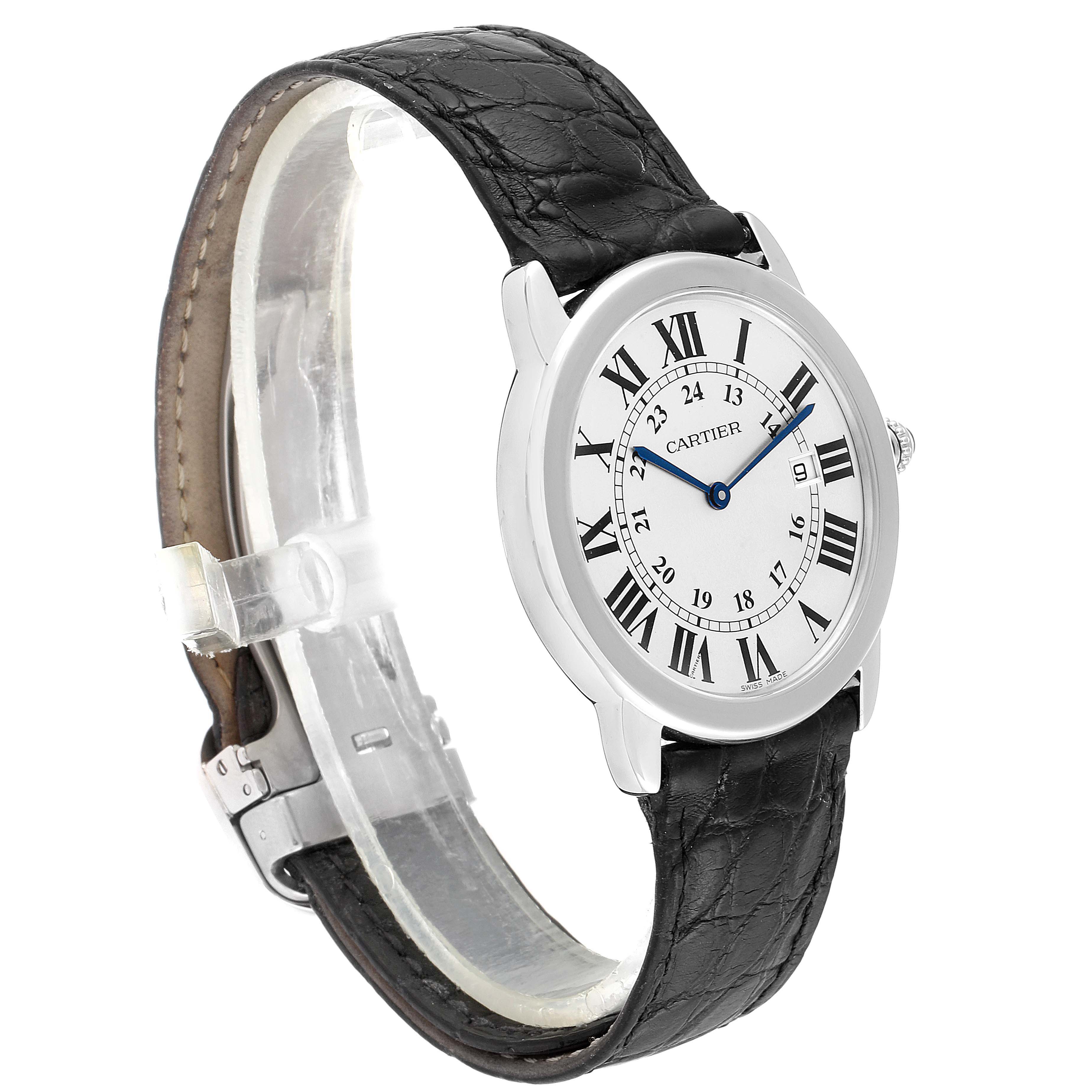 This image shows a side angle of a Cartier Ronde W6700255 Men's Stainless Steel Silver Dial W6700255 Men's Stainless Steel Silver Dial watch featuring its round dial, Roman numeral markers, and leather strap.