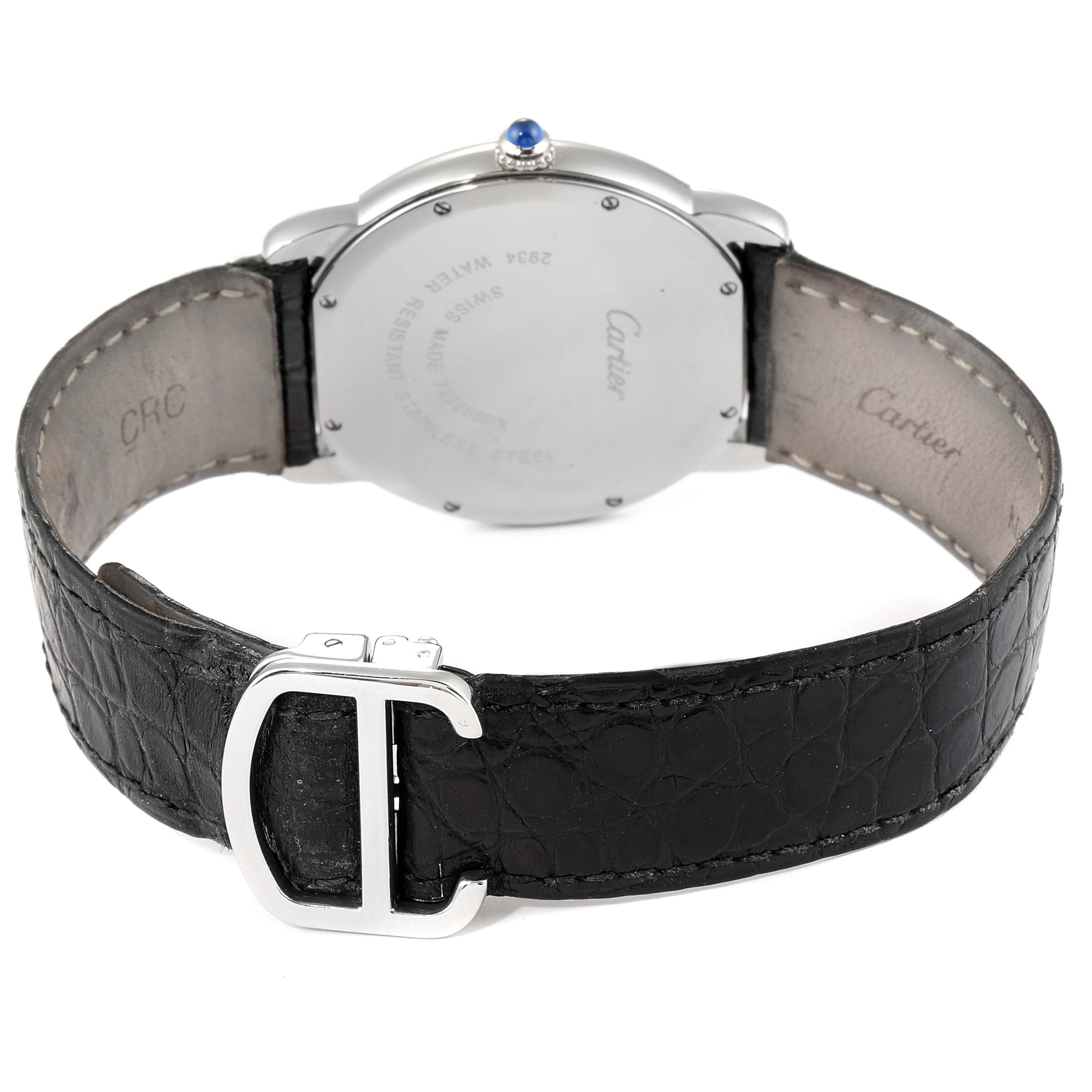 The image shows the back and strap of a Cartier Ronde W6700255 Men's Stainless Steel Silver Dial W6700255 Men's Stainless Steel Silver Dial model watch, highlighting its black leather band and metal clasp.