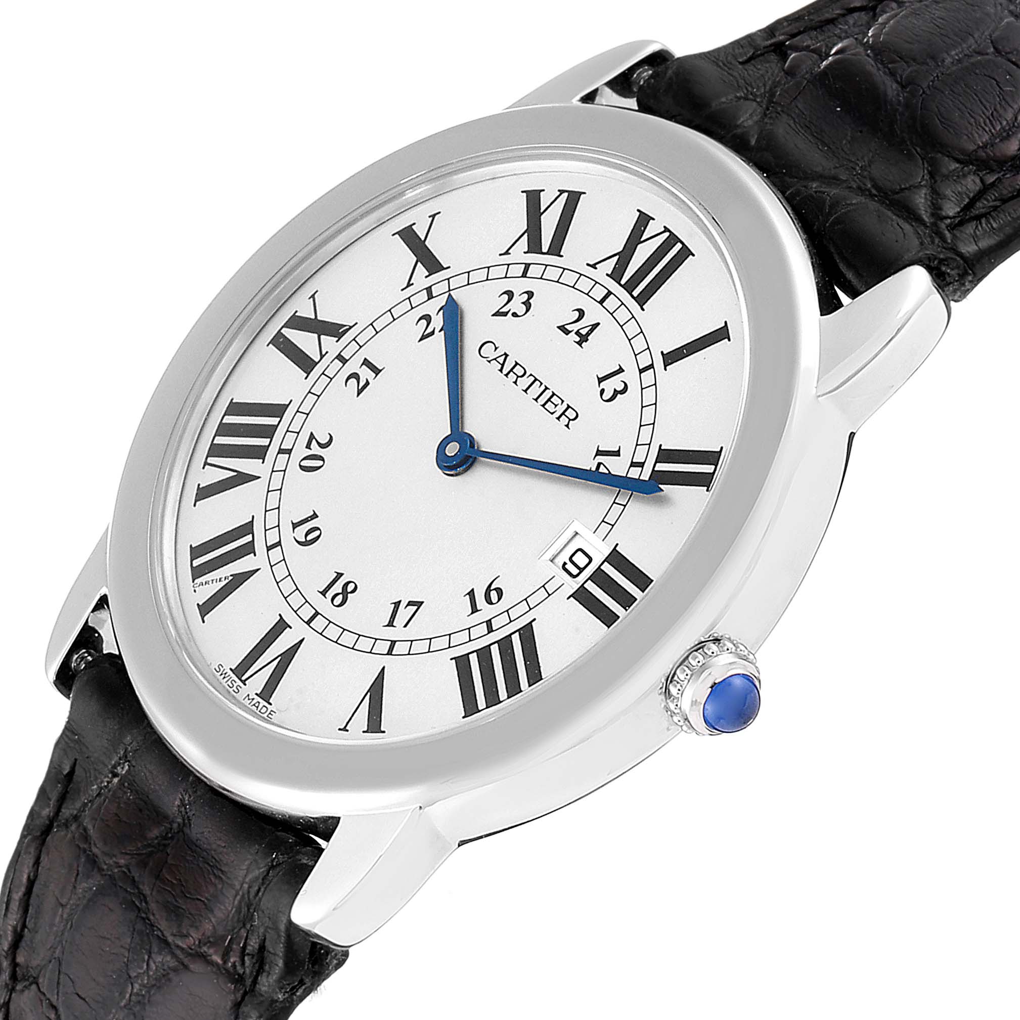 The image shows a close-up, angled view of a Cartier Ronde W6700255 Men's Stainless Steel Silver Dial W6700255 Men's Stainless Steel Silver Dial watch, displaying the dial, case, crown, and part of the strap.