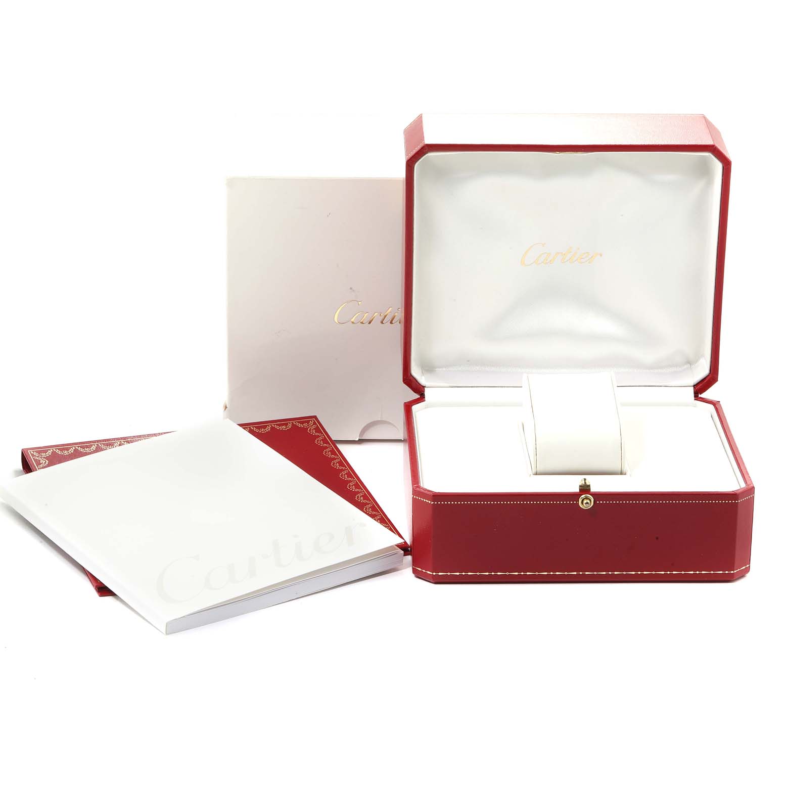 The image displays the packaging accessories for the Cartier Ronde W6700255 Men's Stainless Steel Silver Dial W6700255 Men's Stainless Steel Silver Dial model, including the watch box and manuals.