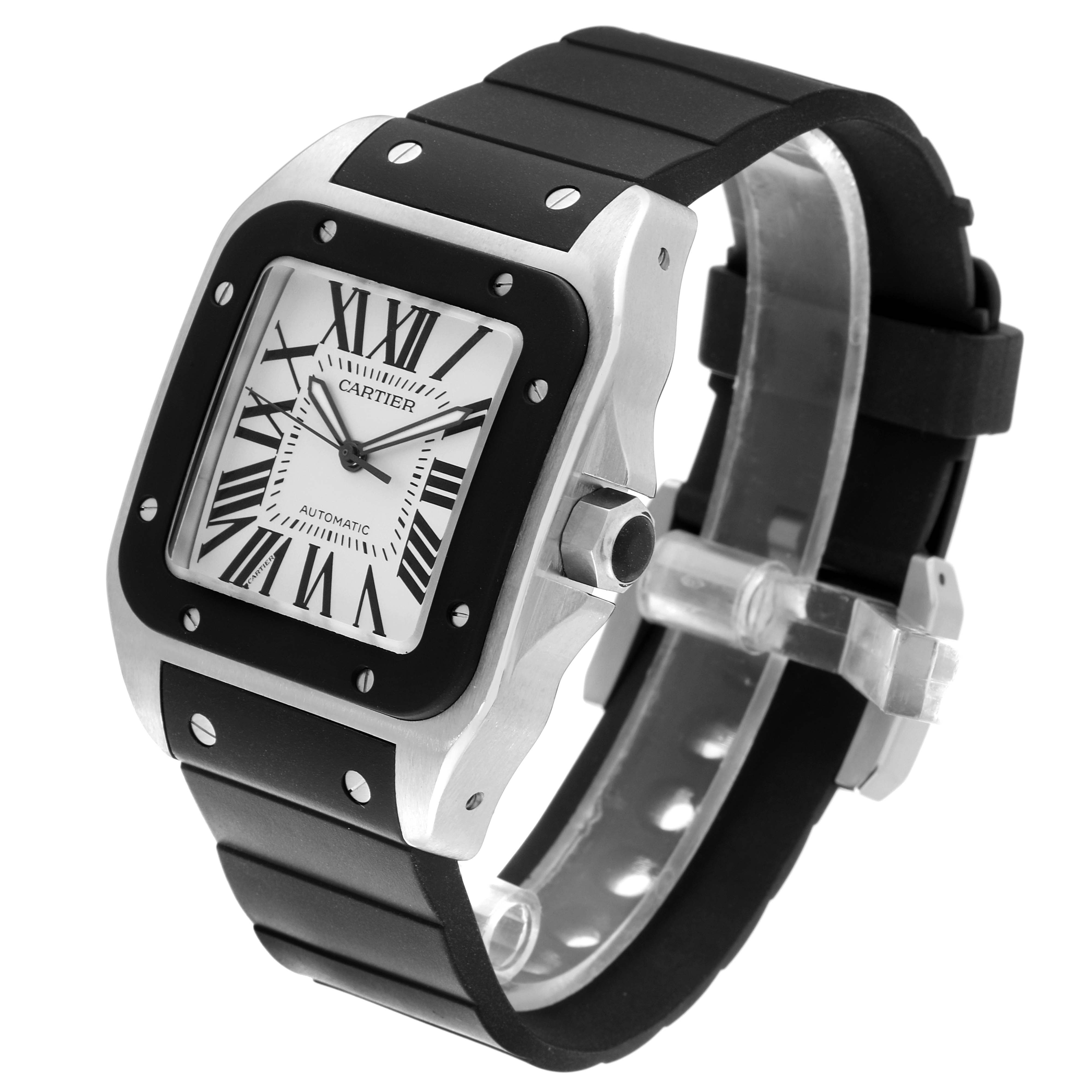 The image shows a Cartier Santos W20121U2 Men's Stainless Steel Silver Dial W20121U2 Men's Stainless Steel Silver Dial watch at an angled side view, highlighting the face, bezel, crown, and rubber strap.