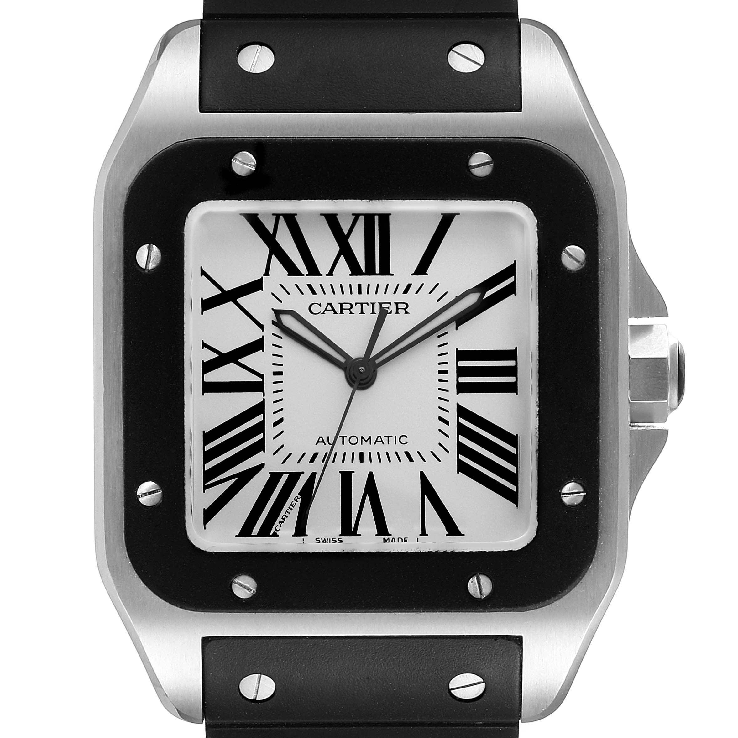 The image shows a close-up of the Santos de Cartier watch face and part of its black strap with visible metallic screws.